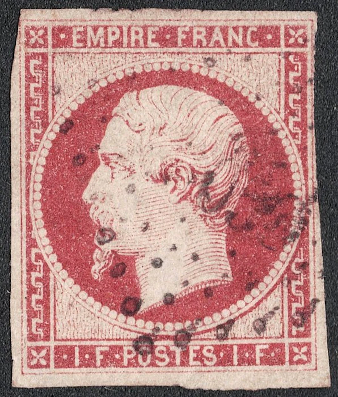 France 1853 - 1 Franc Carmine Napoleon III, signed - Y&T 18