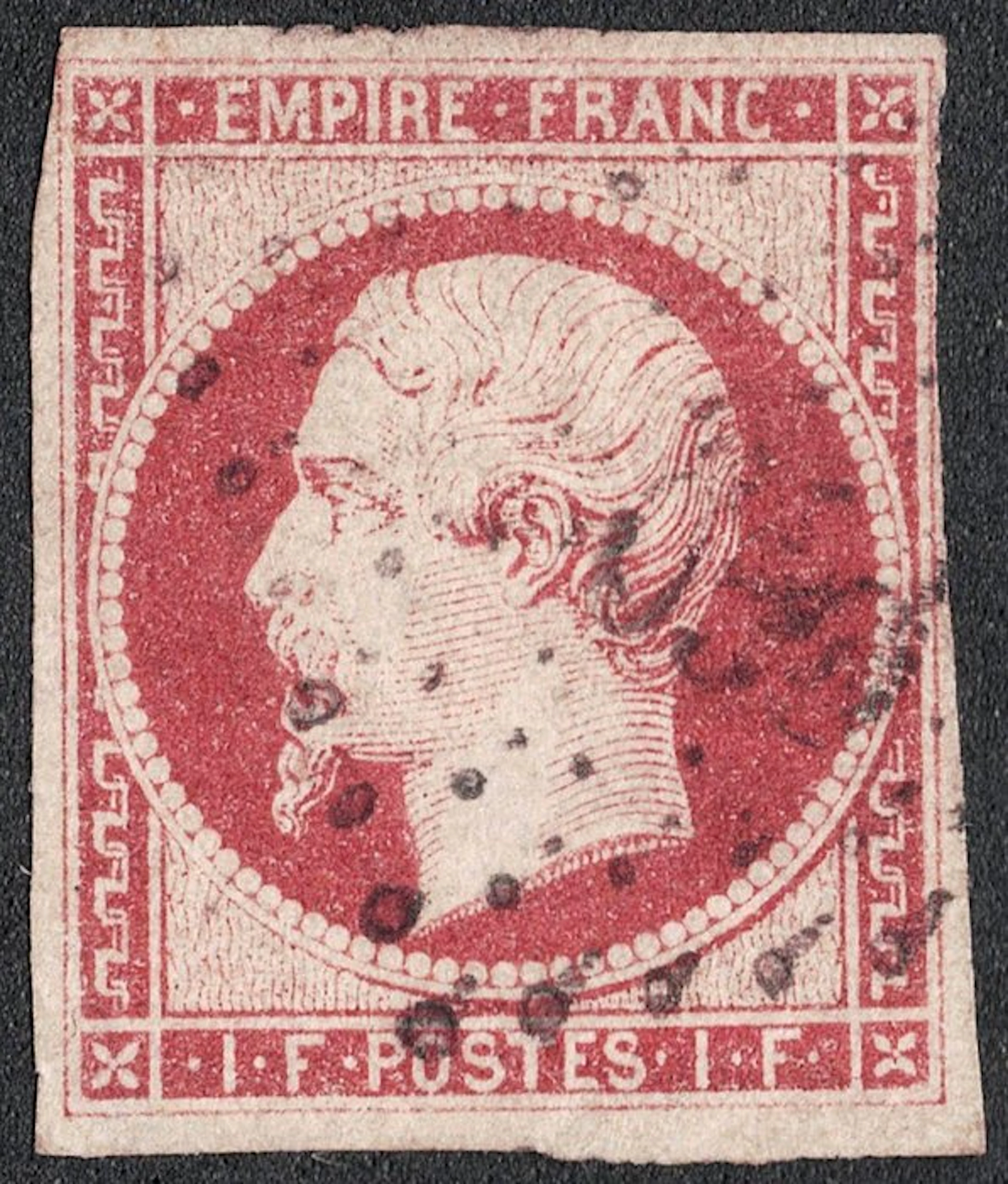 France 1853 - 1 Franc Carmine Napoleon III, signed - Y&T 18