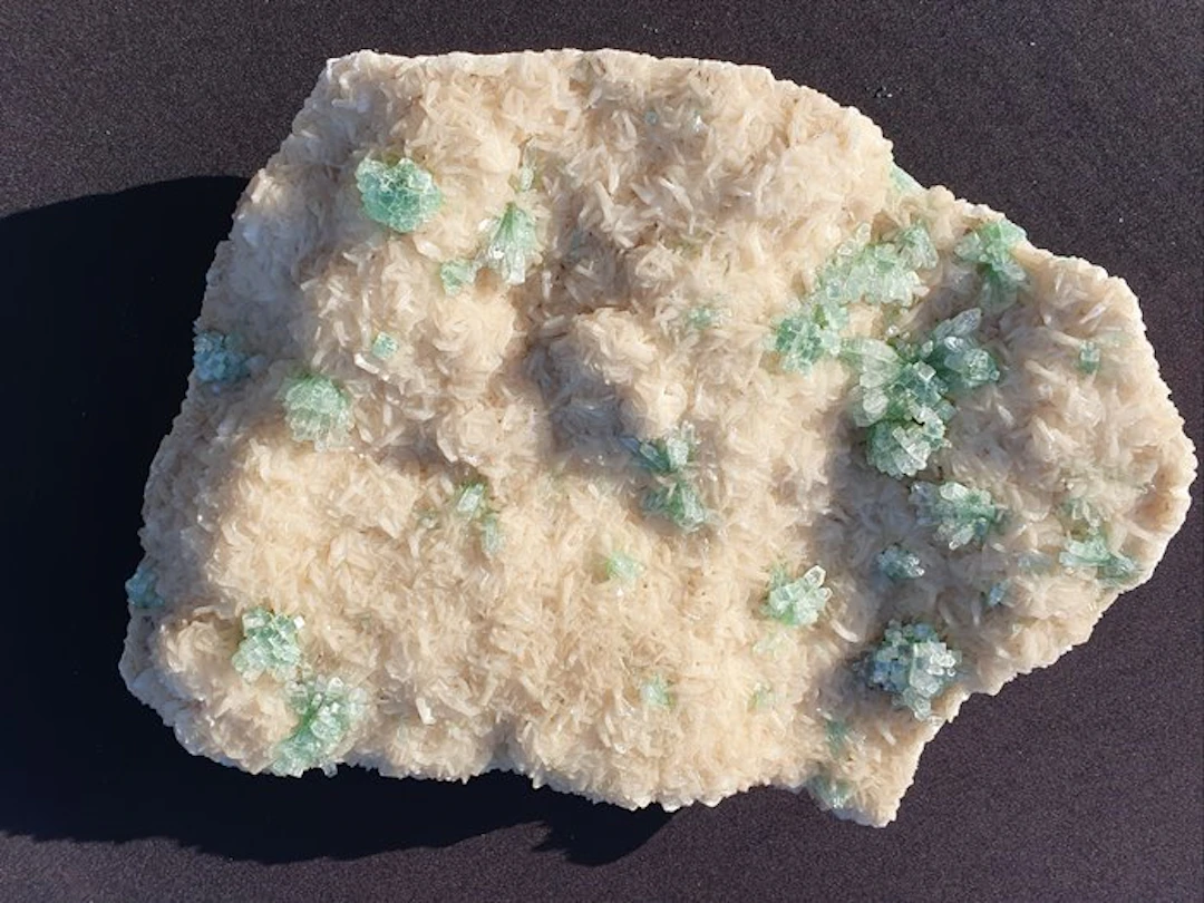Rare Green Apophyllite Disco Ball Crystals on White Stilbite
