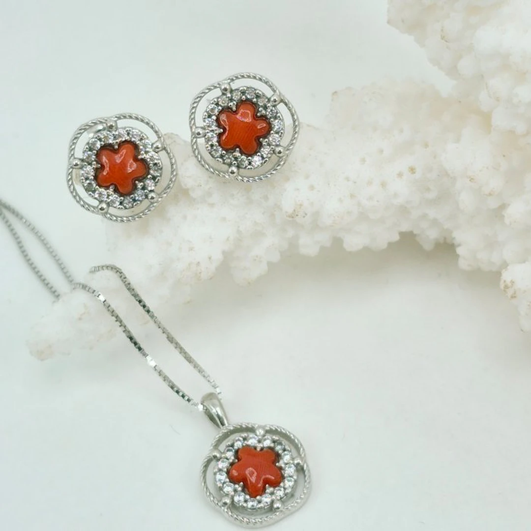 Coral - Silver - 2 piece jewellery set - CORALLO MEDITERRANEO