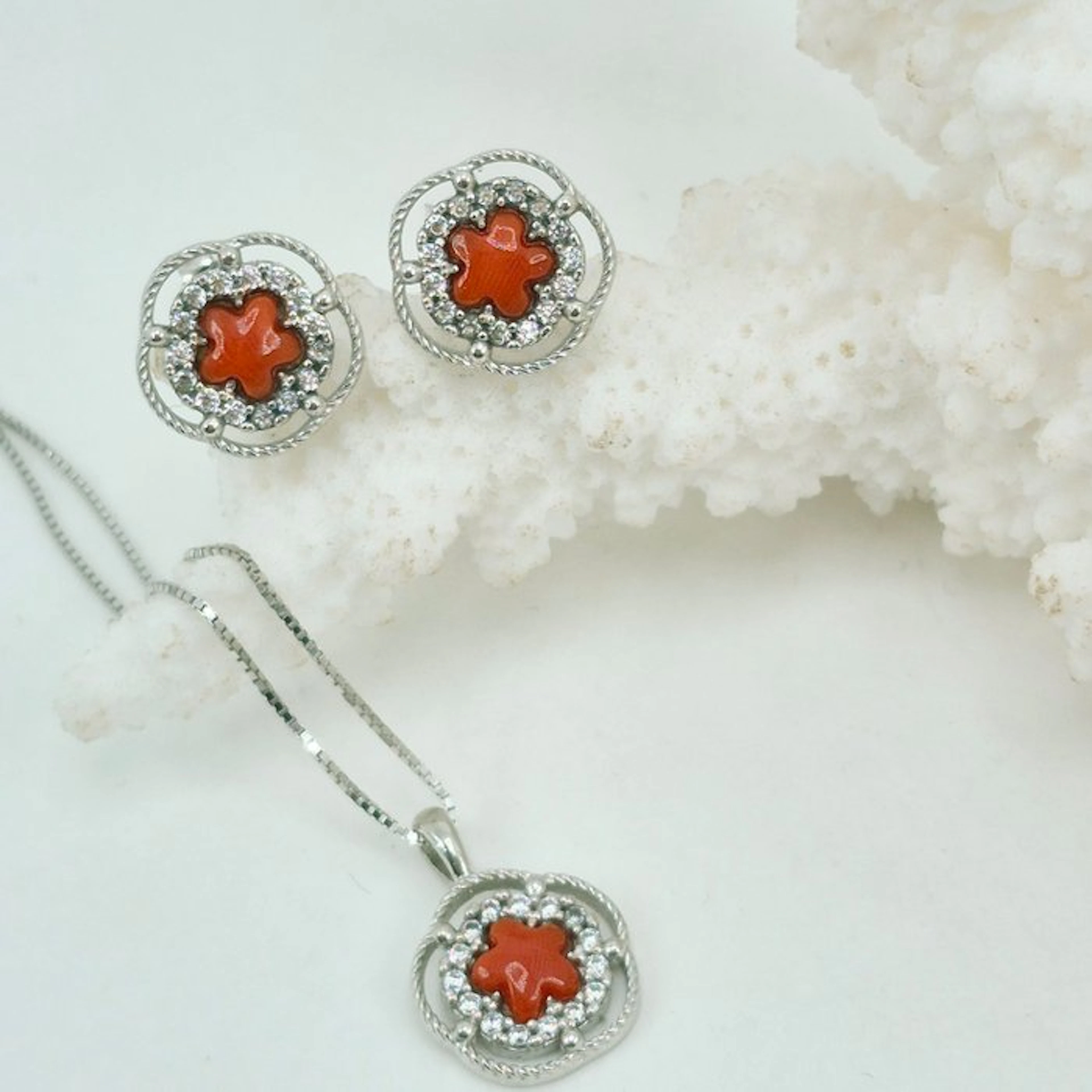 Coral - Silver - 2 piece jewellery set - CORALLO MEDITERRANEO