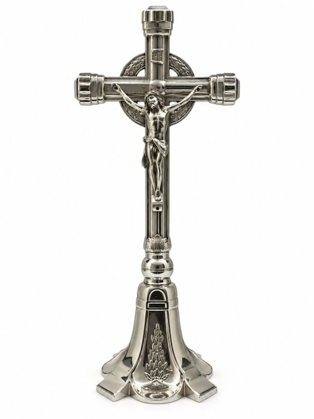 Gothic Crucifix - silvered metal - 1950-1960 - 39 cm