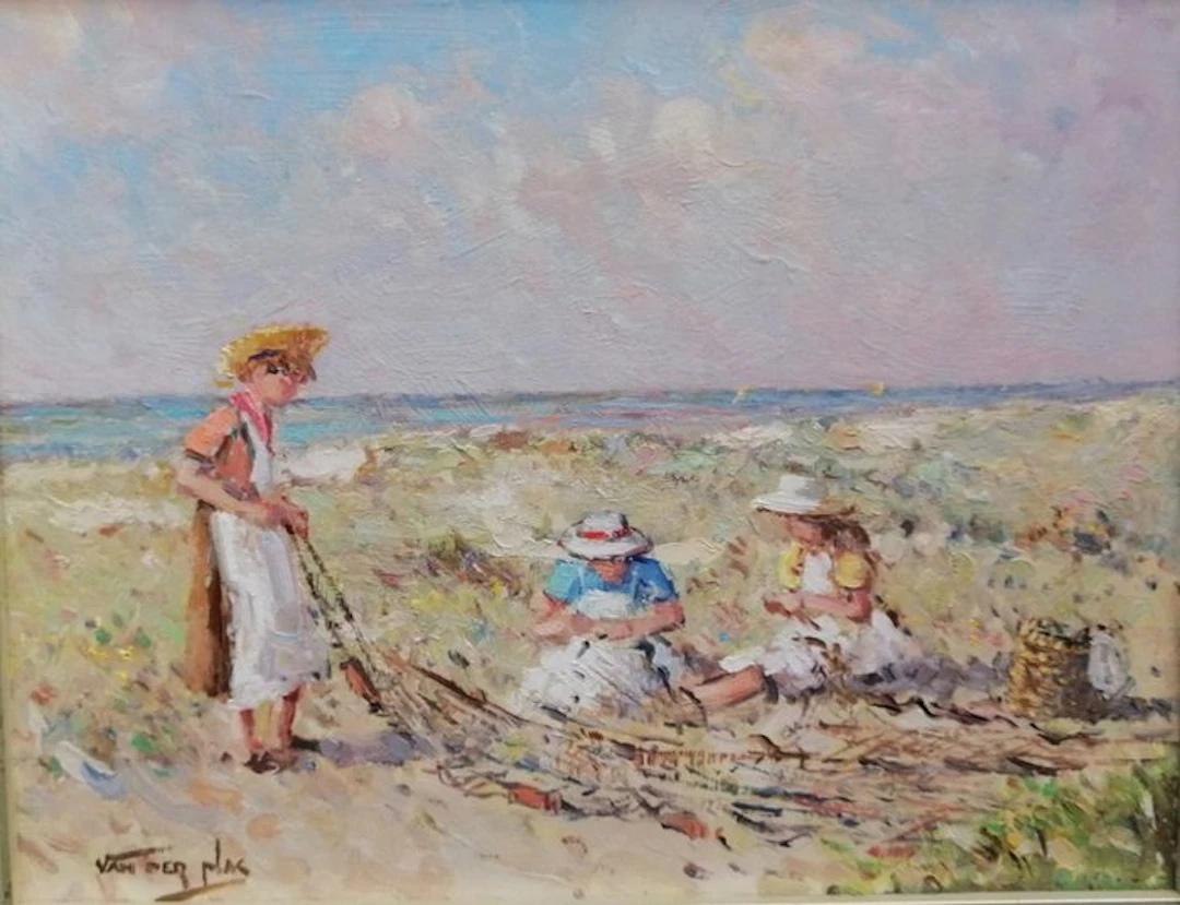 Niek van der Plas (1954) - Nettenboetsers aan het werk bij Katwijk aan Zee