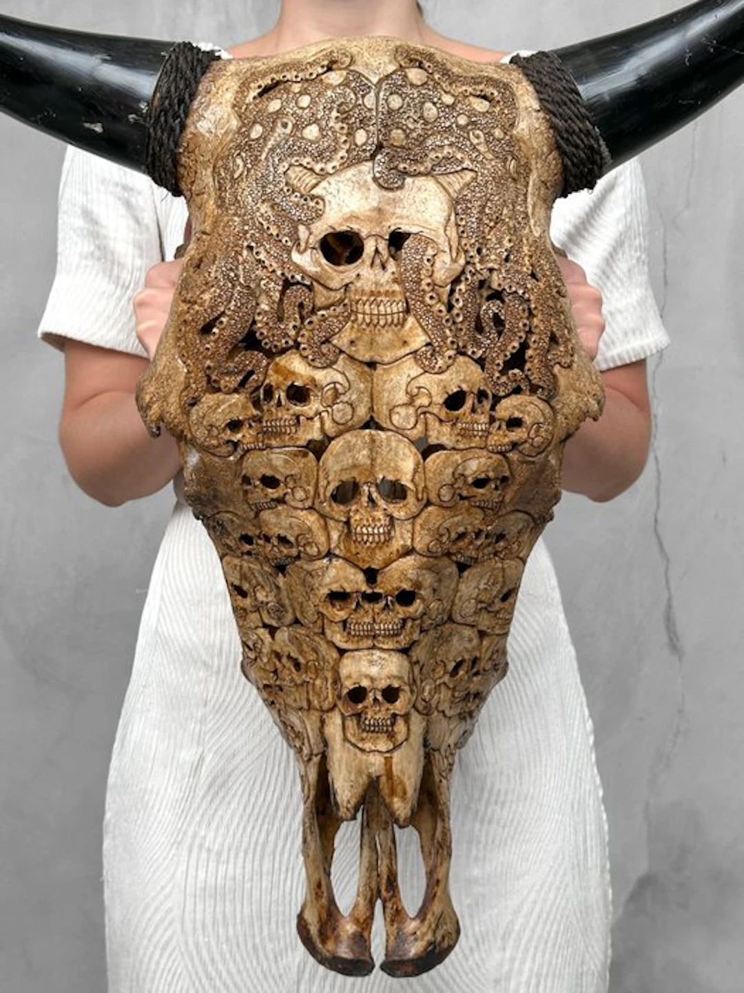 NO RESERVE PRICE - C-Large Brown Hand Carved Bull Skull...
