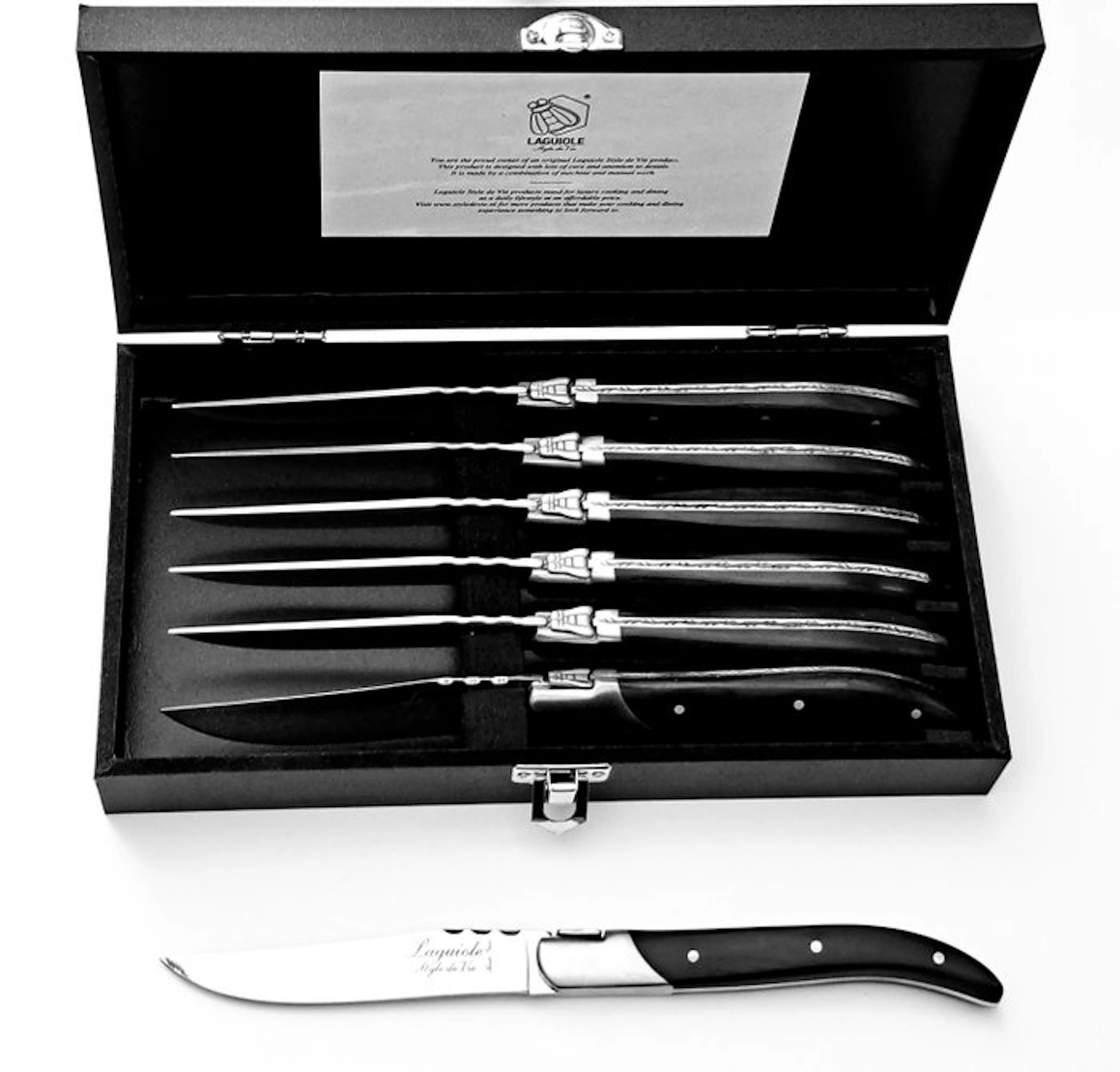 Laguiole - 6x Luxury Steak Knives - Black Ebony Wood...