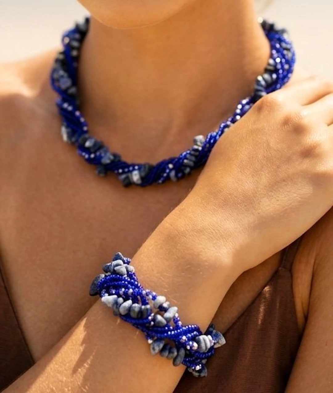 Six‑row necklace and bracelet with sodalite and crystals