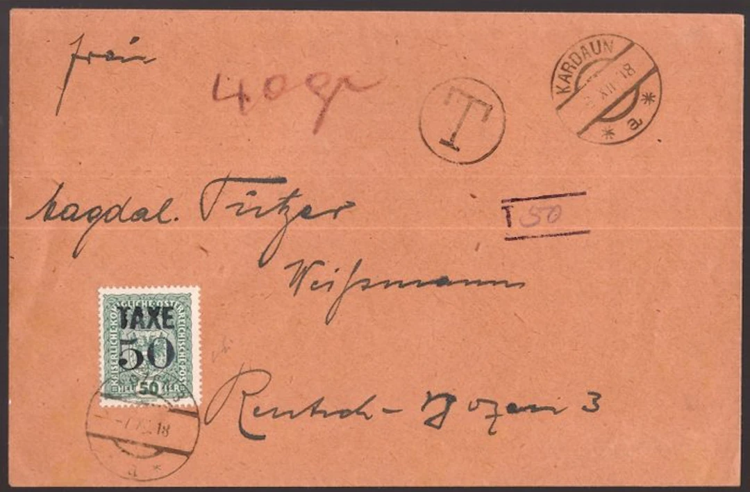 Italy Kingdom 1918 - temporary tax stamp TAXE 50 on the envelope - Sassone N