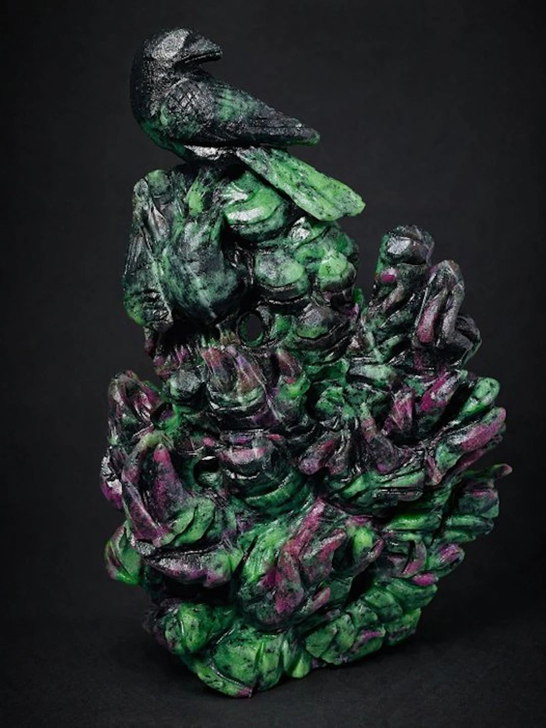 Impressive Ruby Zoisite Carving with Black Raven on Ruby...