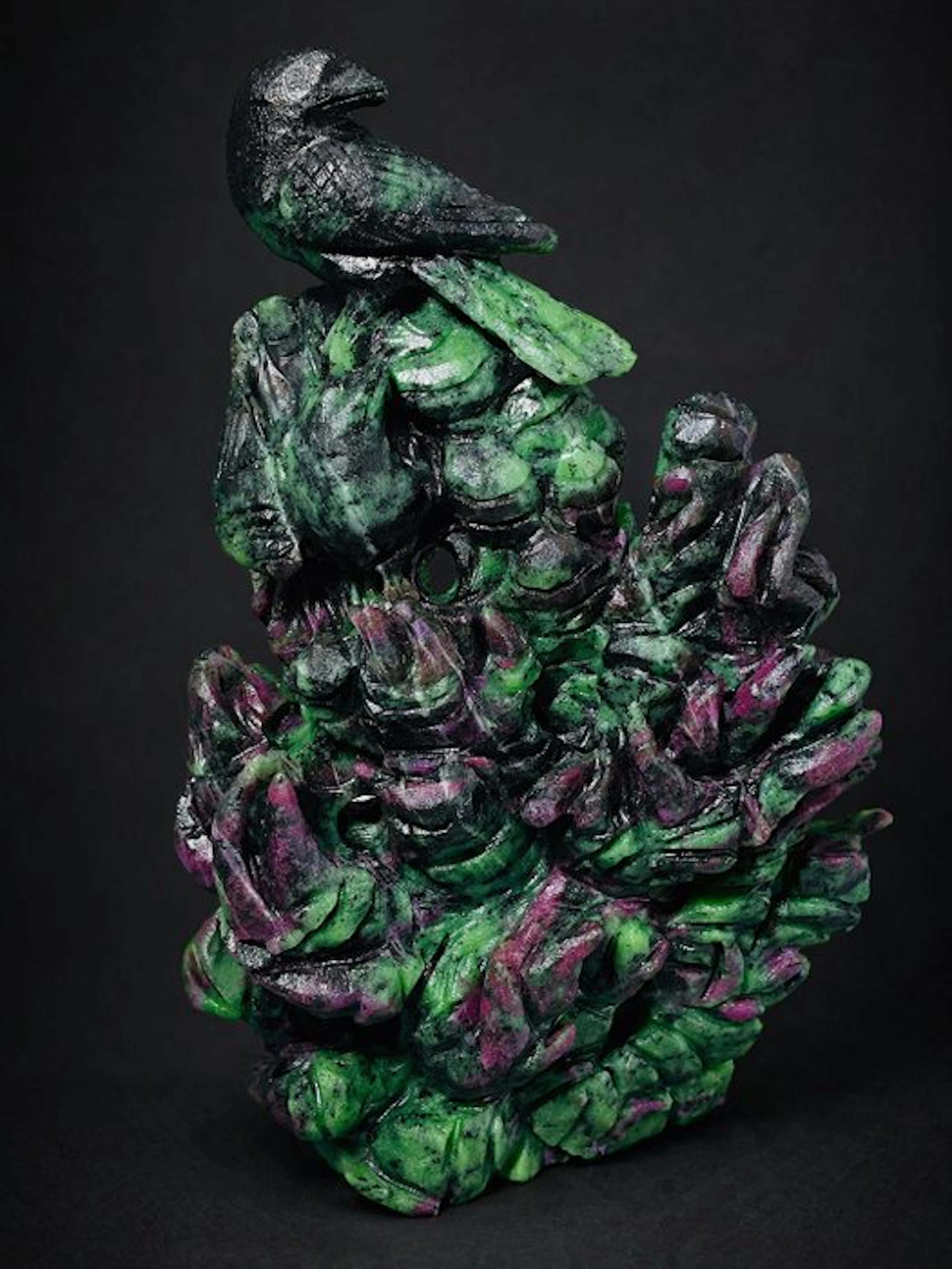 Impressive Ruby Zoisite Carving with Black Raven on Ruby...