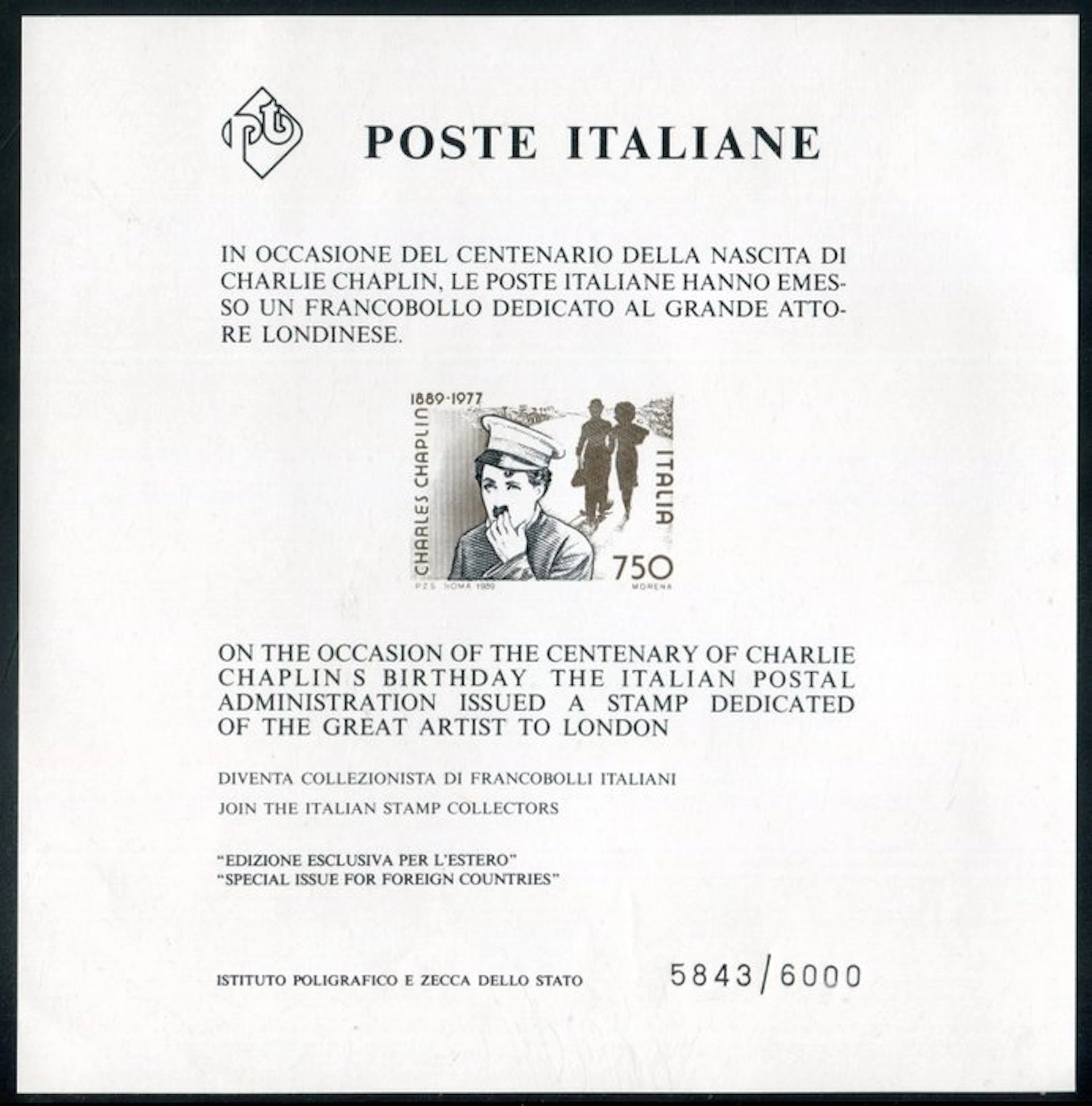 Italian Republic 1989 - Chaplin miniature sheet number 5843