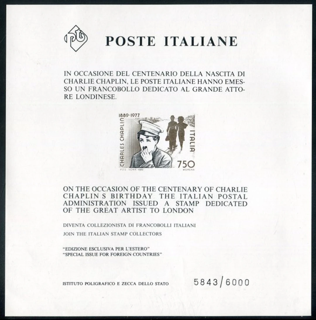 Italian Republic 1989 - Chaplin miniature sheet number 5843
