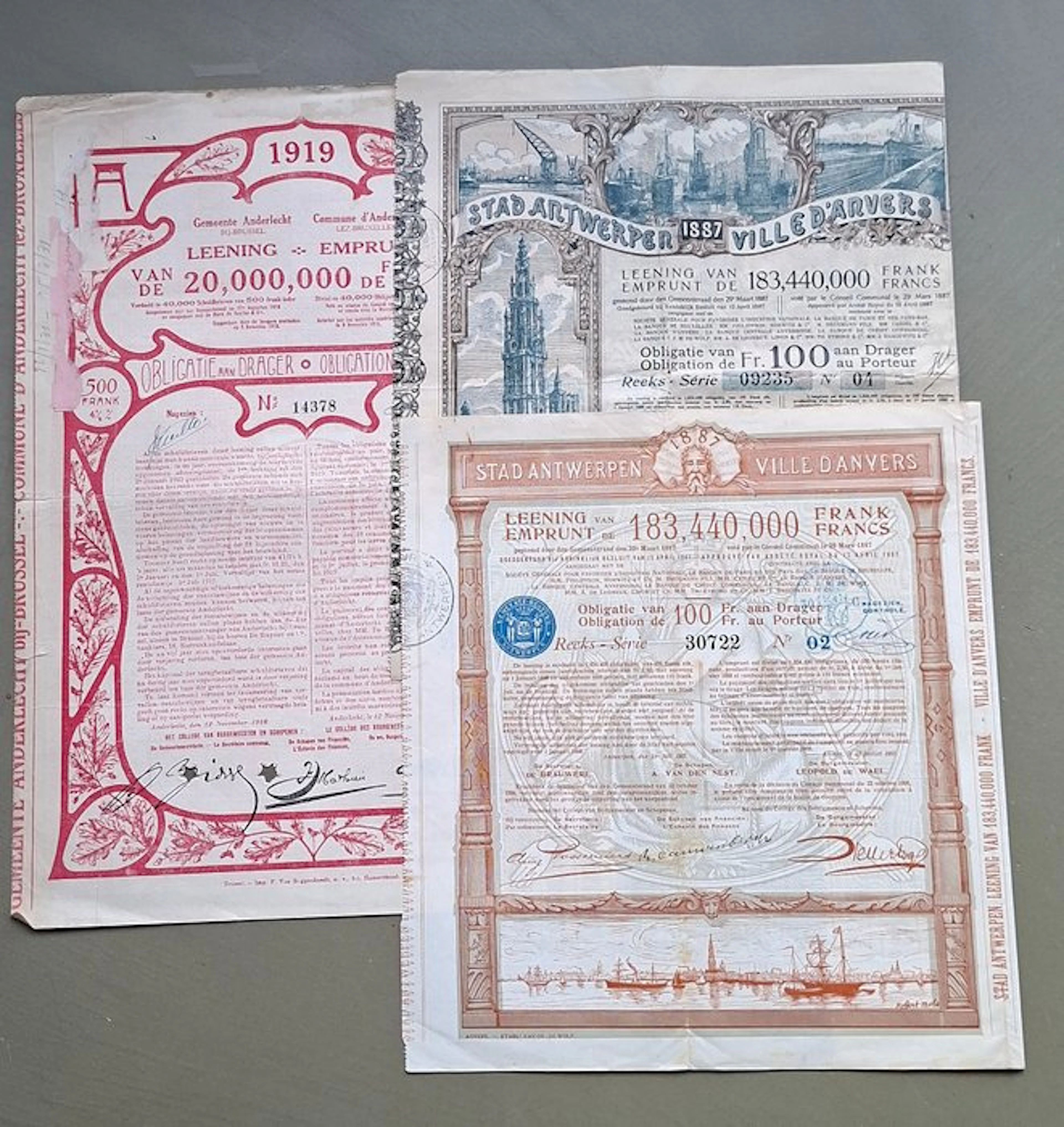 Belgium. Belgische stadsleningen (3 x) 1887 - 1919 (No reserve price)