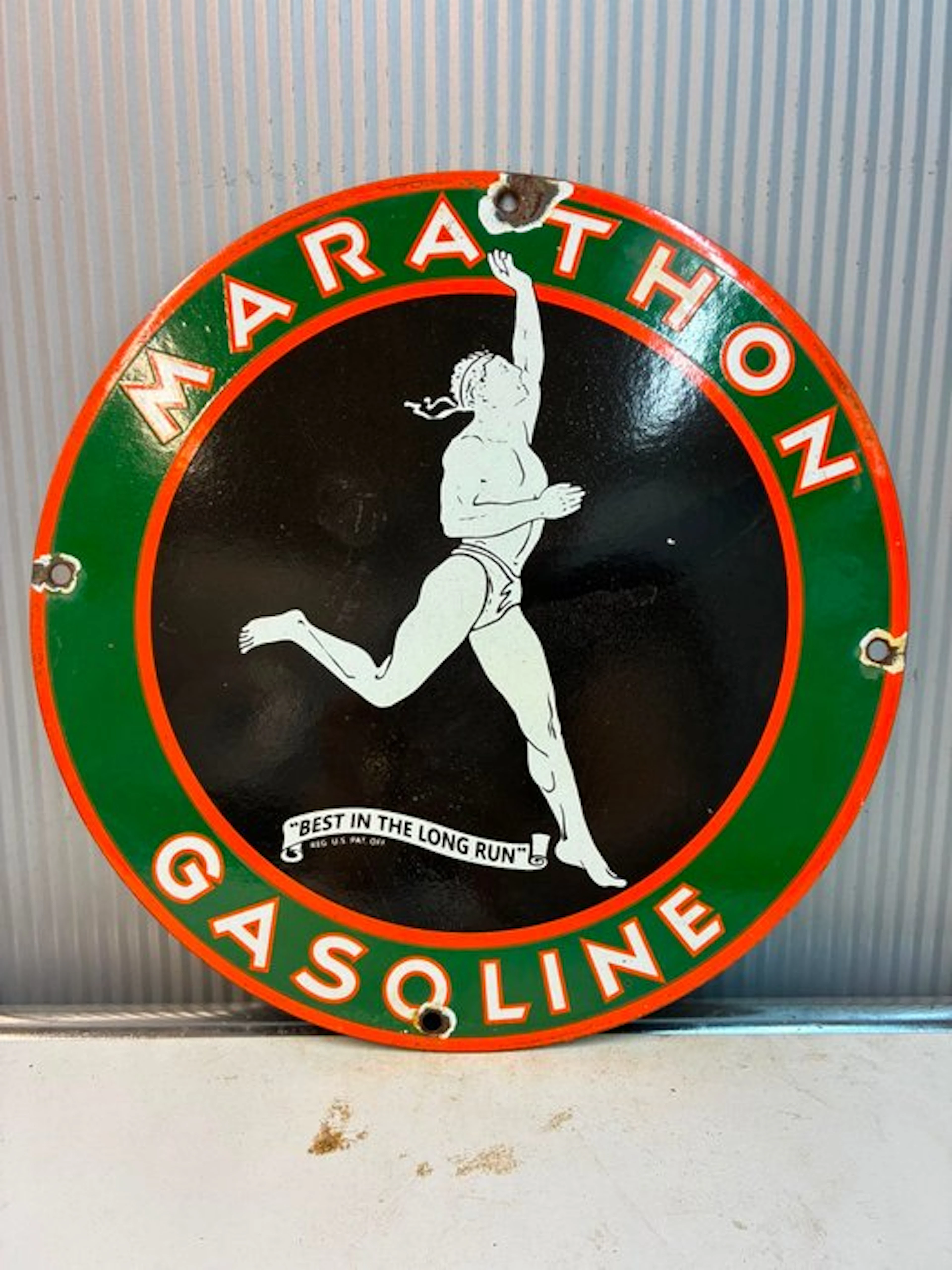 Vintage Marathon Gasoline enamel advertising sign – round...