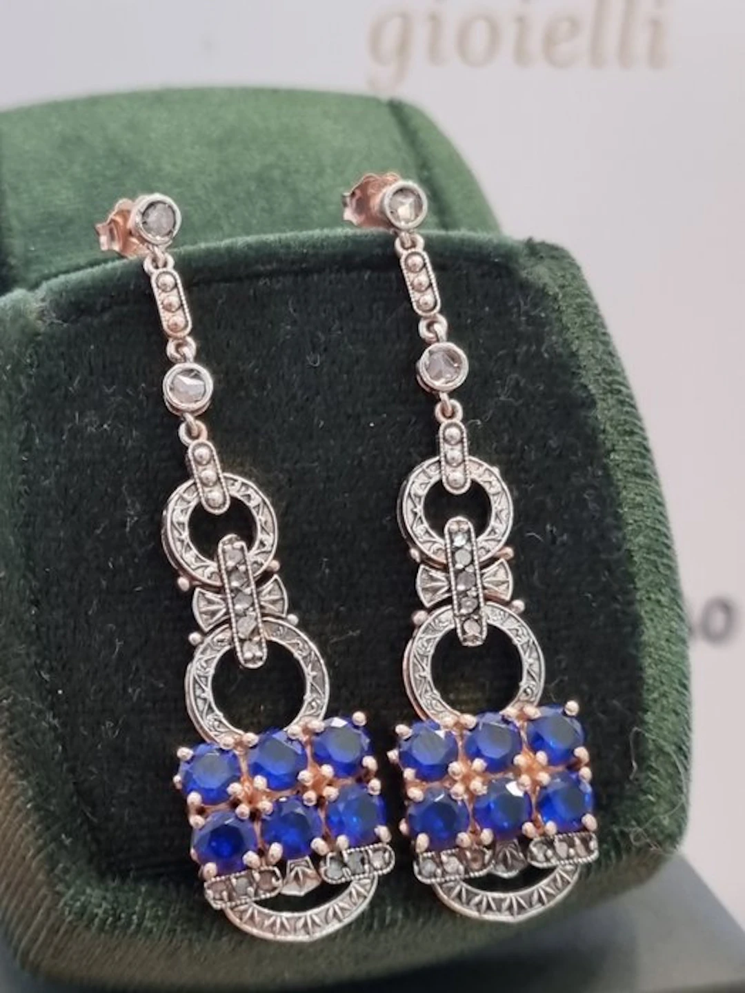 No reserve price - Earrings - 9 kt. Silver, Rose gold Sapphire - Diamond