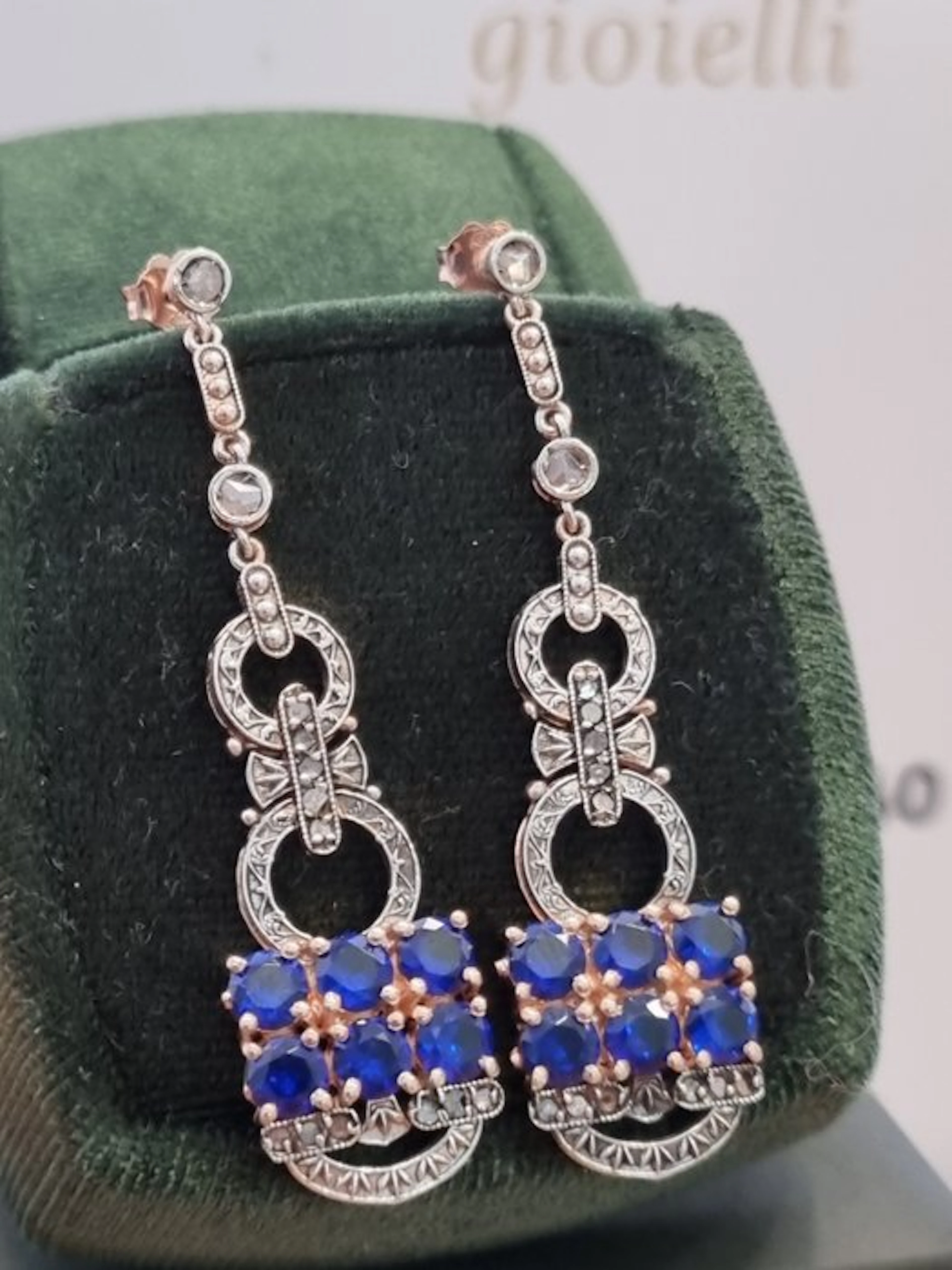 No reserve price - Earrings - 9 kt. Silver, Rose gold Sapphire - Diamond