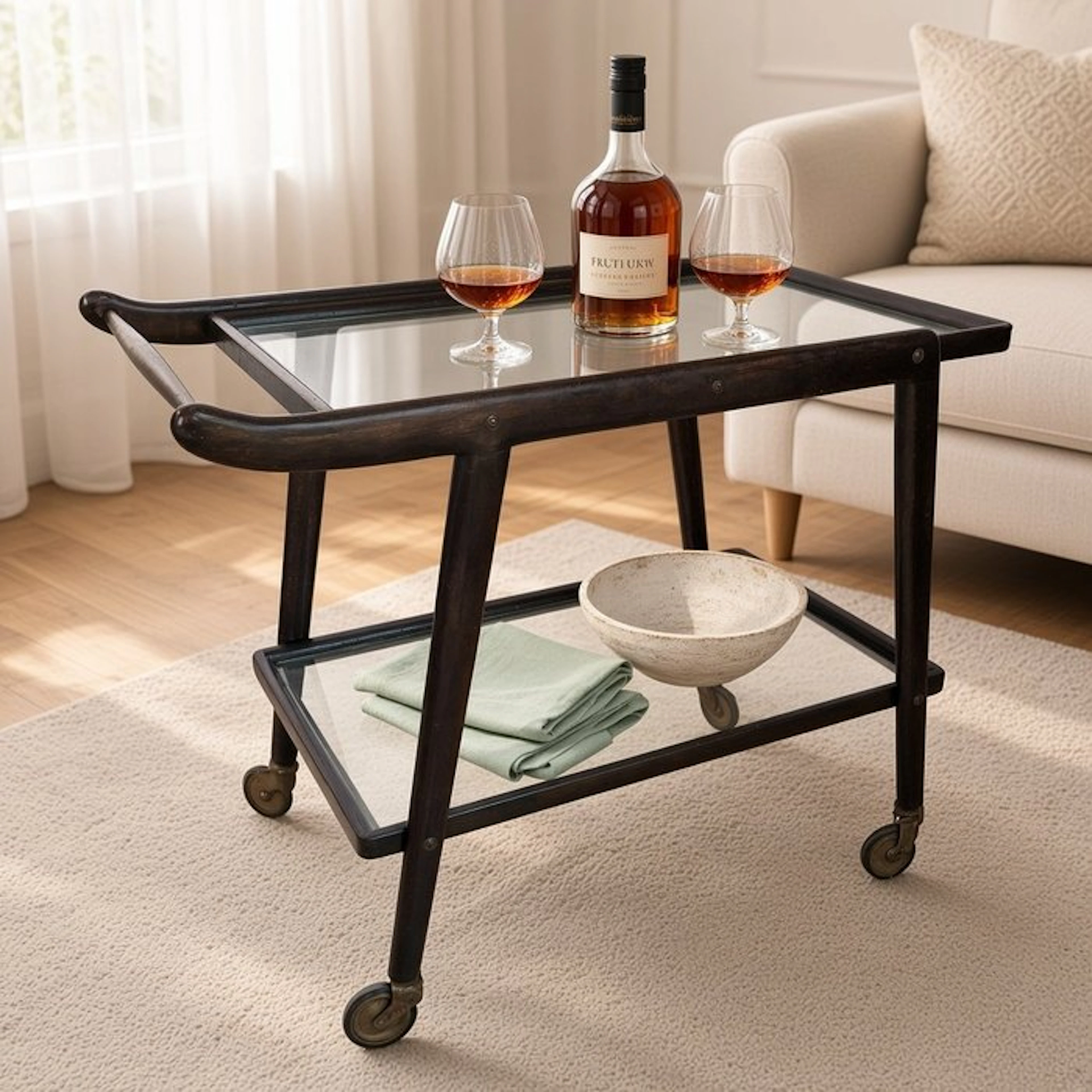 Serving trolley - Wood, Glass, Metal, Brass - Vintage Serving Cart