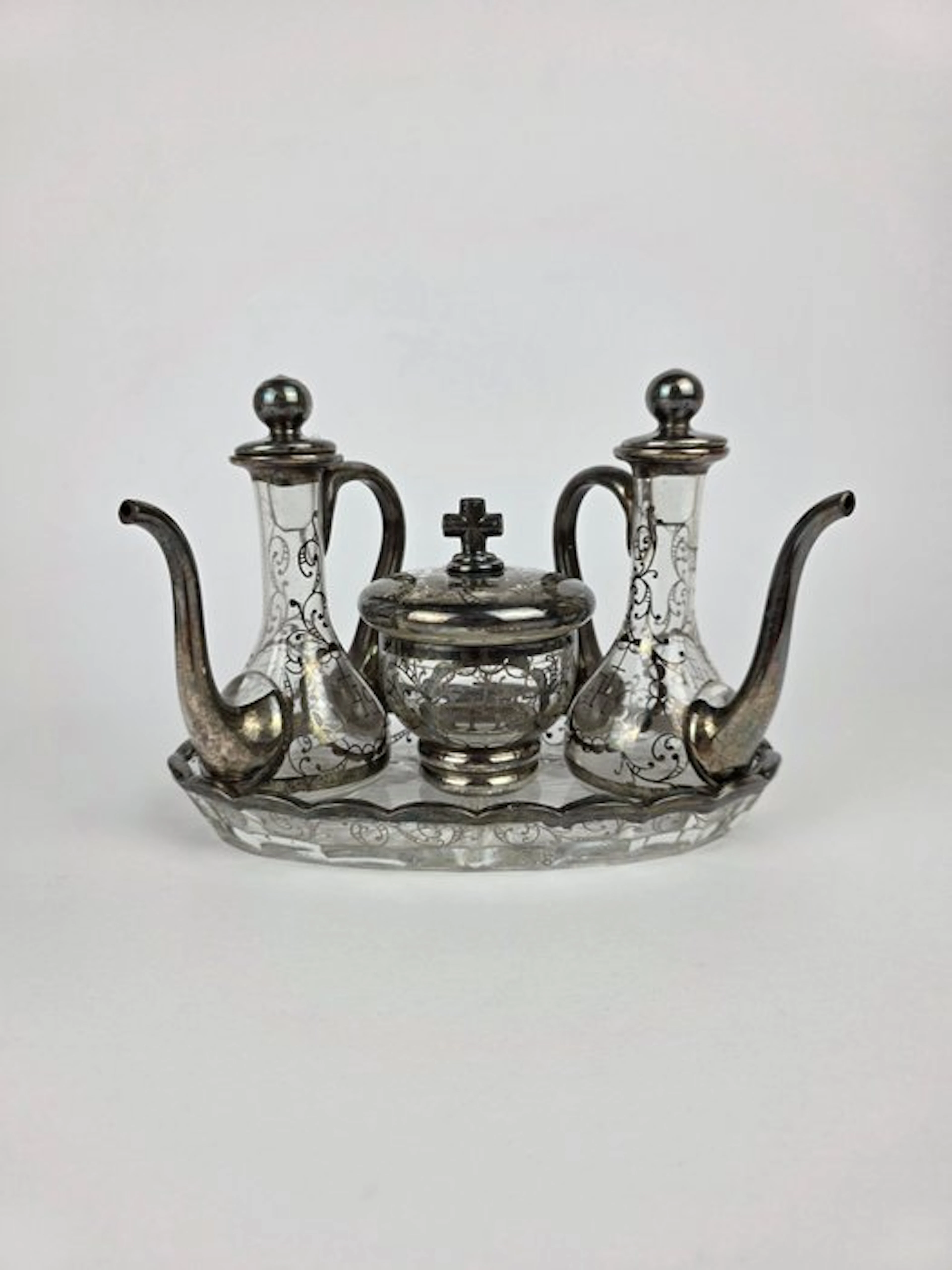 Rare altar liturgical service with ampoules and a small jar for purification