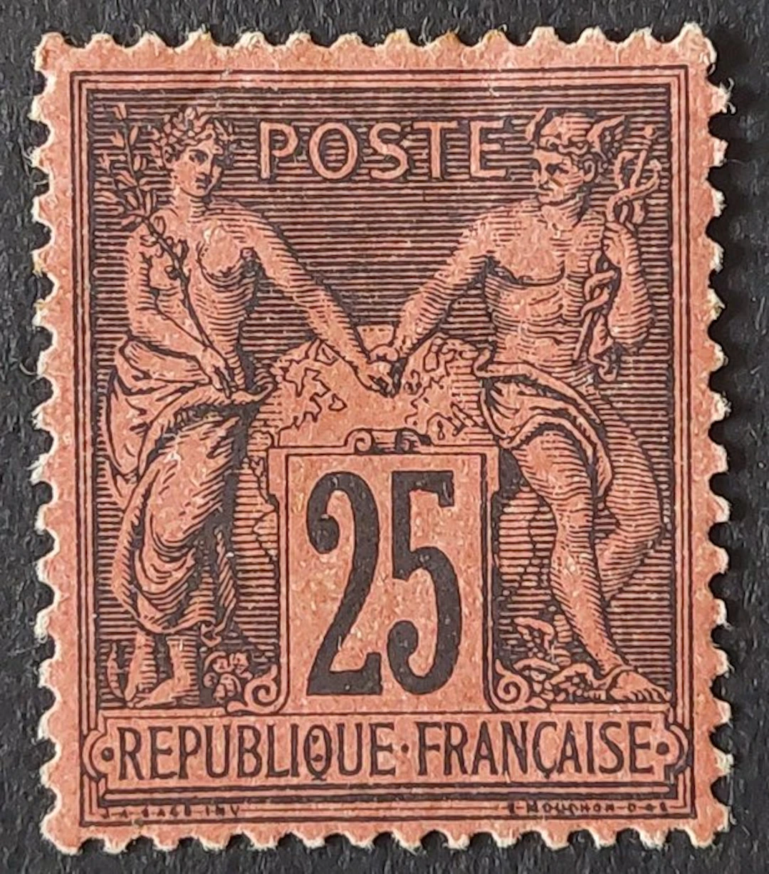 France 1878 - Sage Type II, 25 c. black on red, signed Roumet - Yvert 91