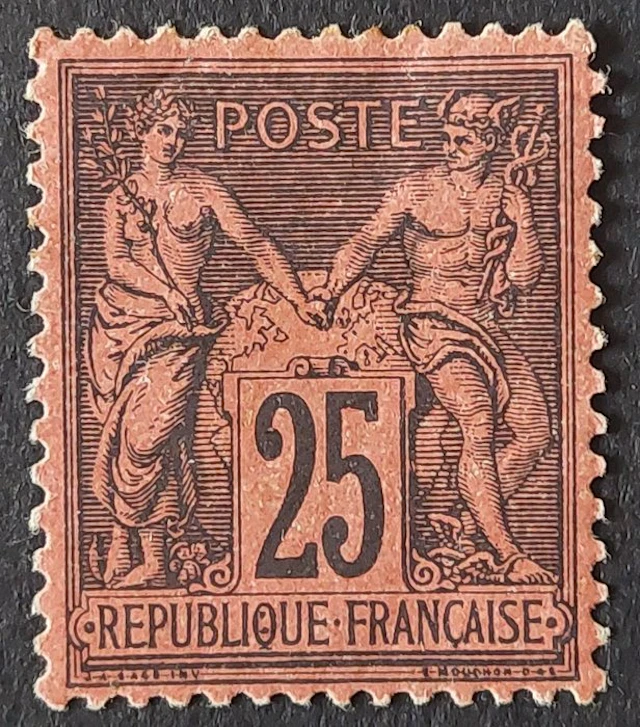 France 1878 - Sage Type II, 25 c. black on red, signed Roumet - Yvert 91