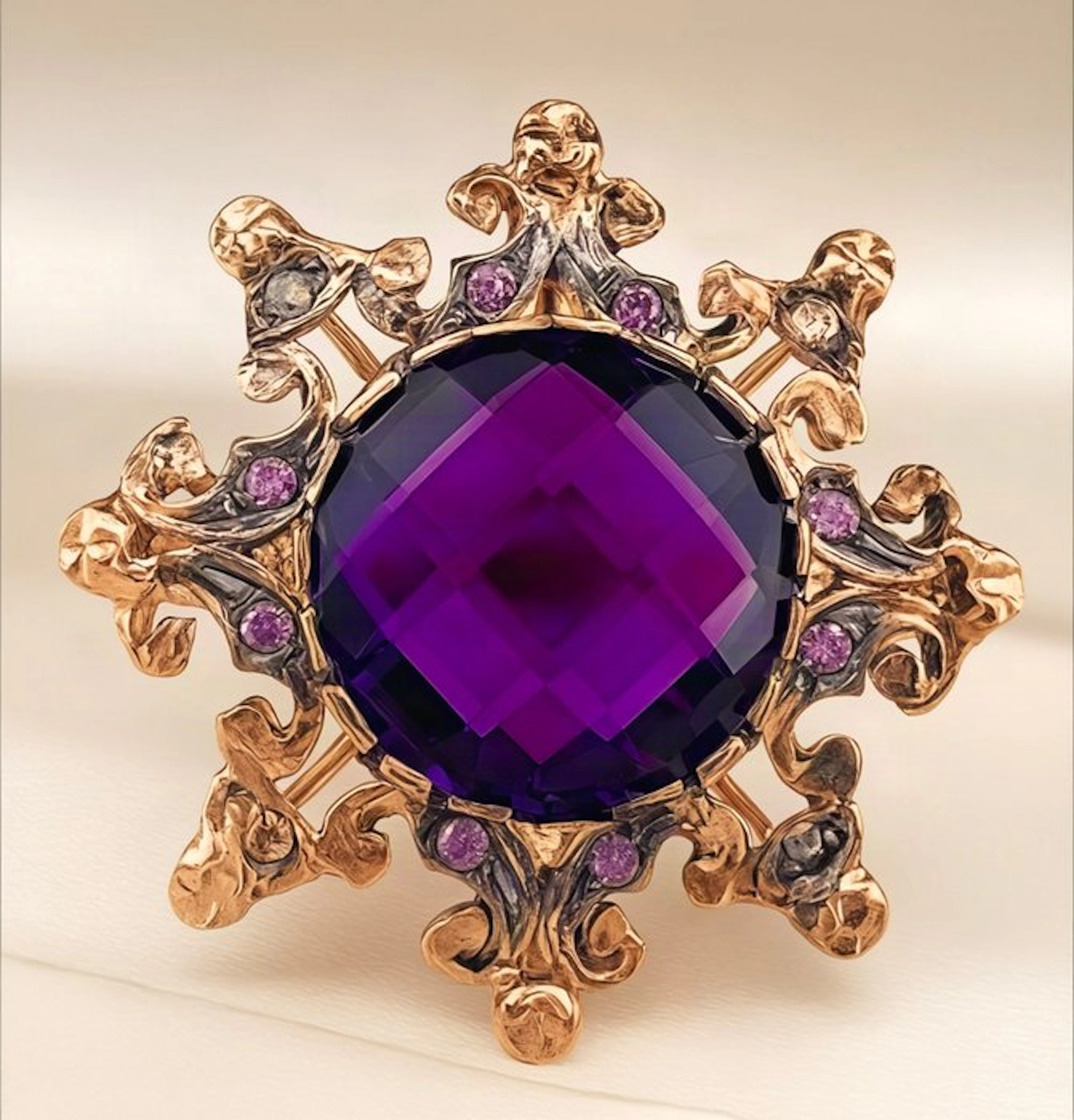 No reserve price - Ring - 9 kt. Rose gold, Silver Amethyst - Diamond