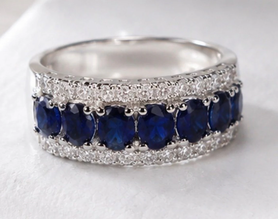 925 Sterling Silver Blue Sapphire Crystal Ring with Sparkling Stones