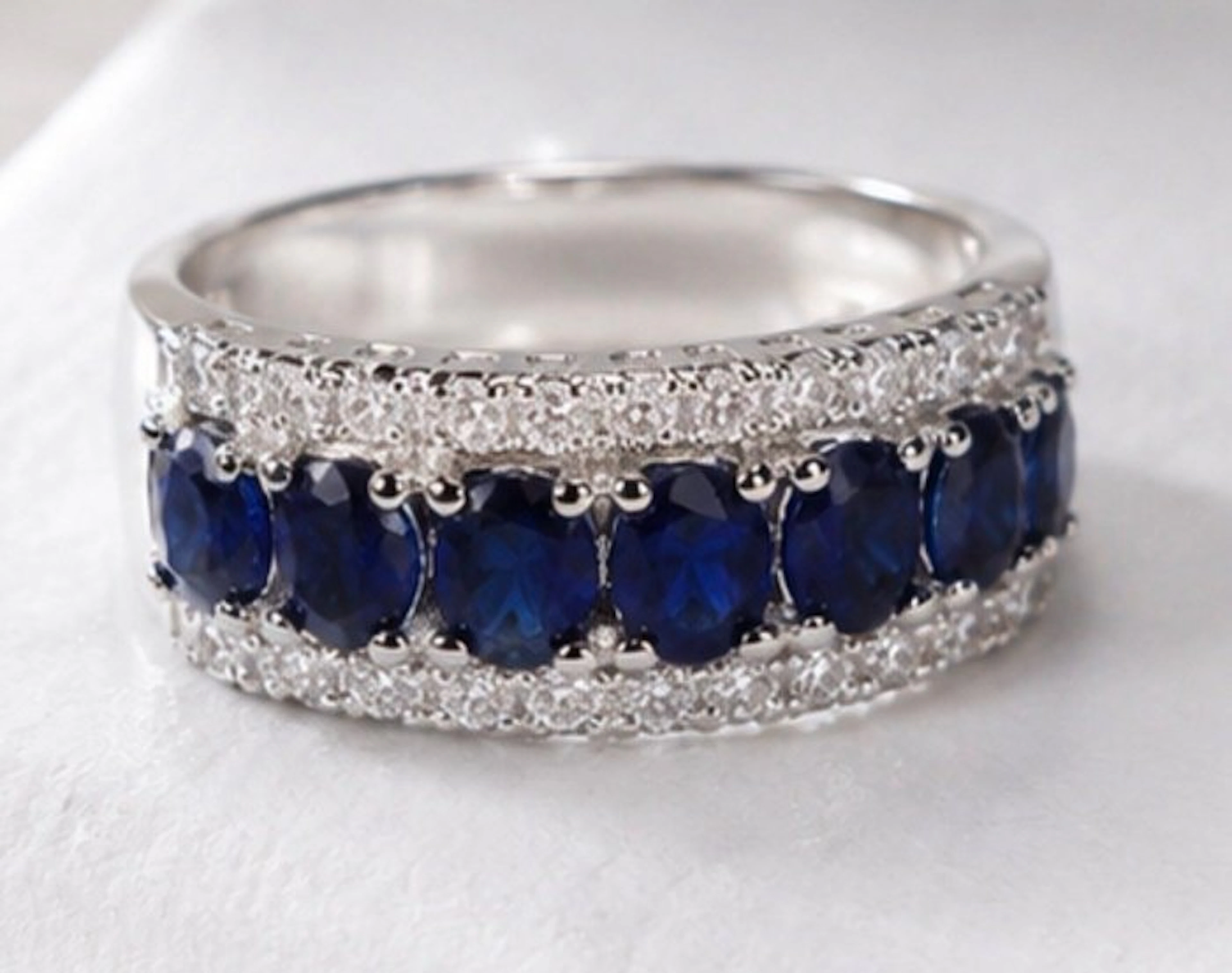 925 Sterling Silver Blue Sapphire Crystal Ring with Sparkling Stones