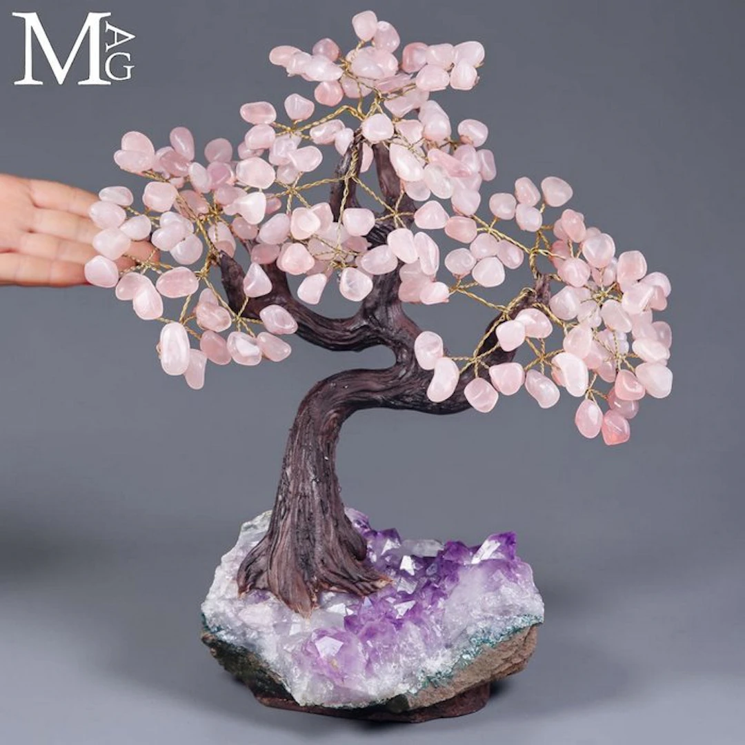 Bonsai Tree with Amethyst Druse and Rose Quartz Gems...