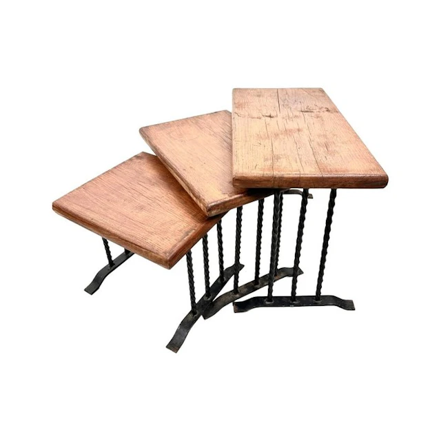Nesting tables (3) - Wrought Iron and Wood Nesting Tables - Wood, Iron