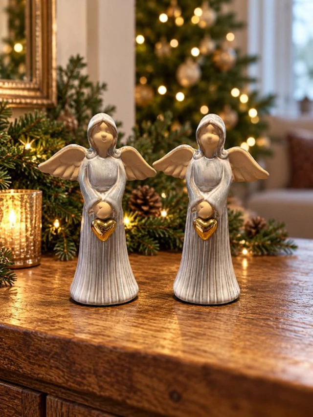 Statue, Set van 2 kerstengelen met gouden hart –...