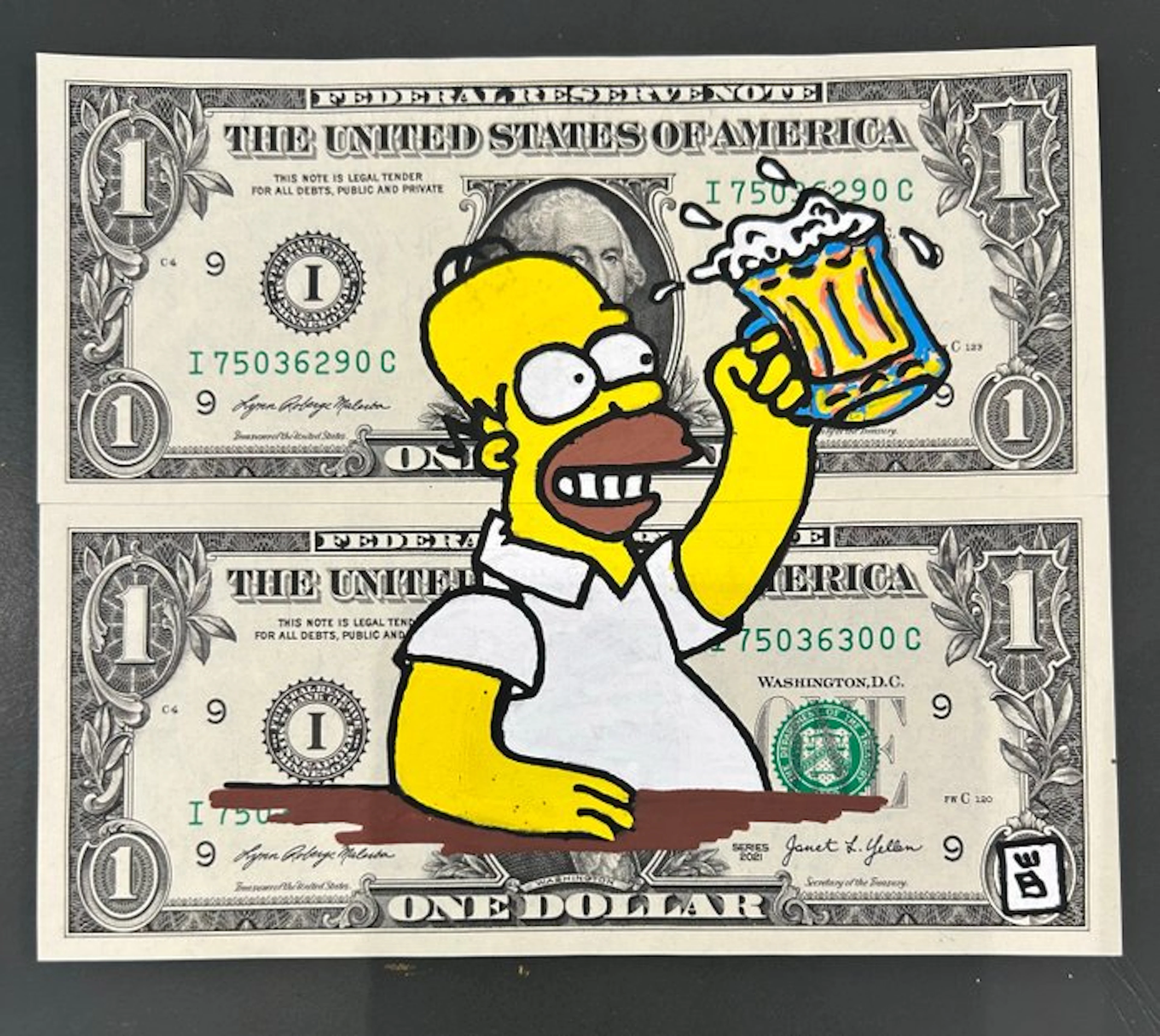 eR.B. - Street Art " Homer Simpson drinks a beer " sur dollars
