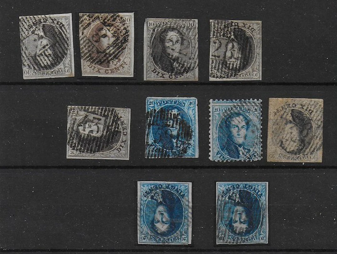 Belgium 1860 - 10 classic medallion-type stamps with distribution cancellations