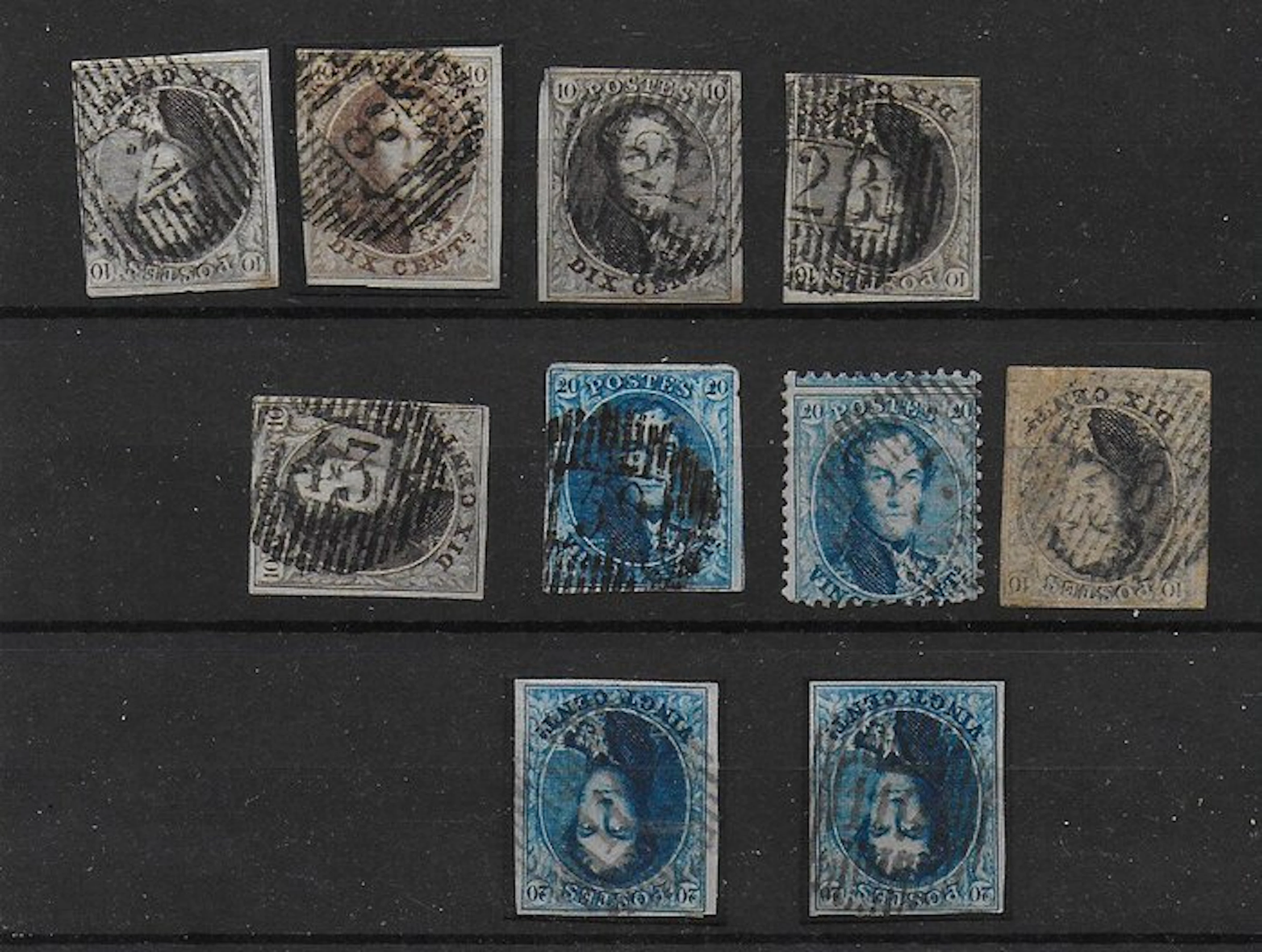 Belgium 1860 - 10 classic medallion-type stamps with distribution cancellations