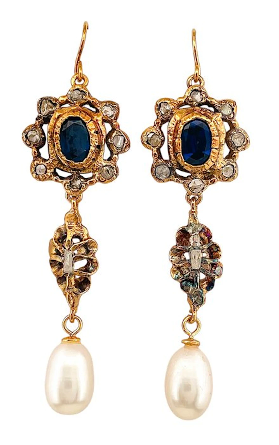 No reserve price - Earrings - 9 kt. Yellow gold, Silver Sapphire - Diamond