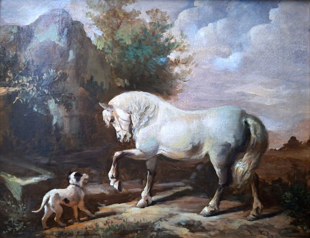 Wouterus Verschuur (1812-1874), Circle of - White Horse & Dog in a Landscape