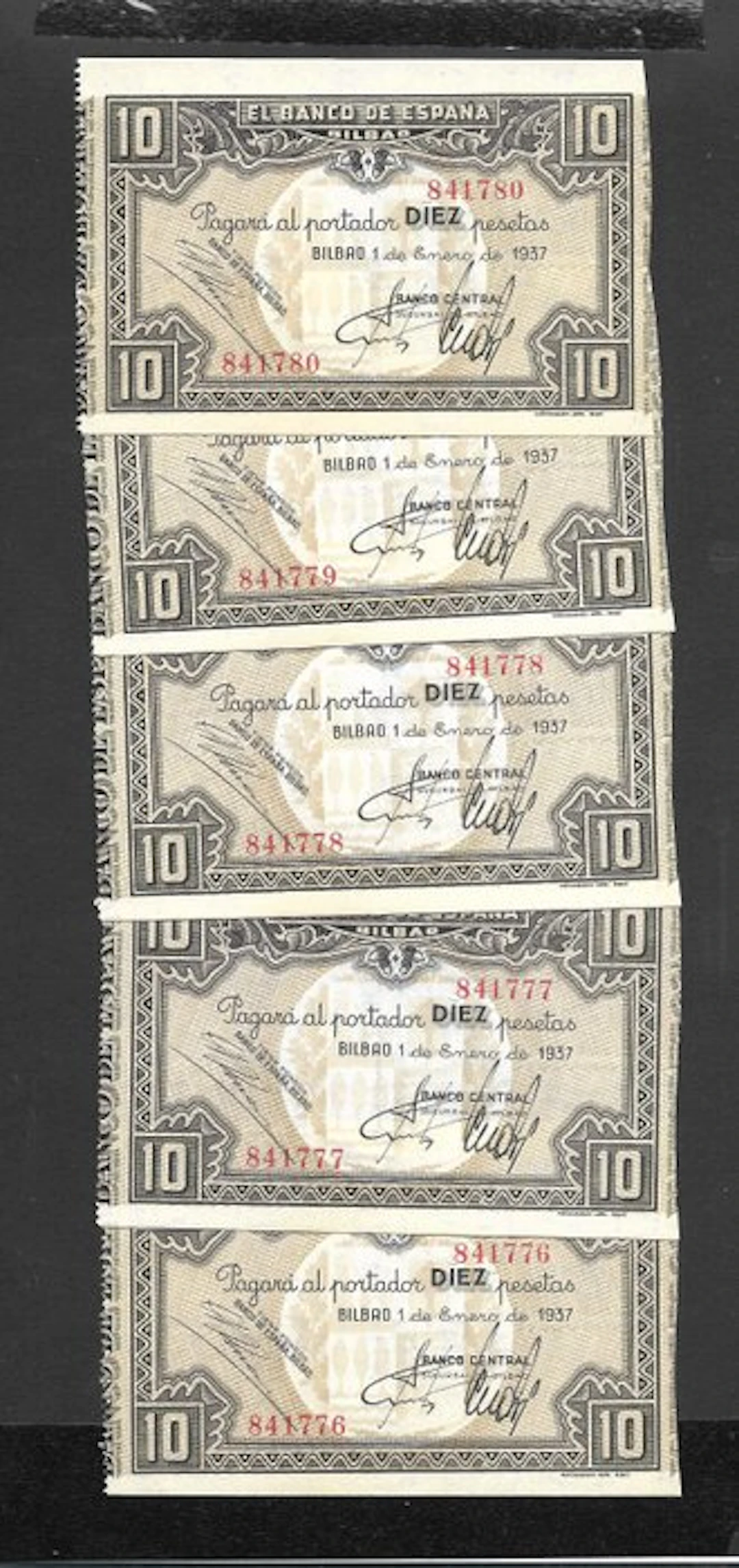 Spain. - 5 x 10 Pesetas - 1937- Consecutive (No reserve price)