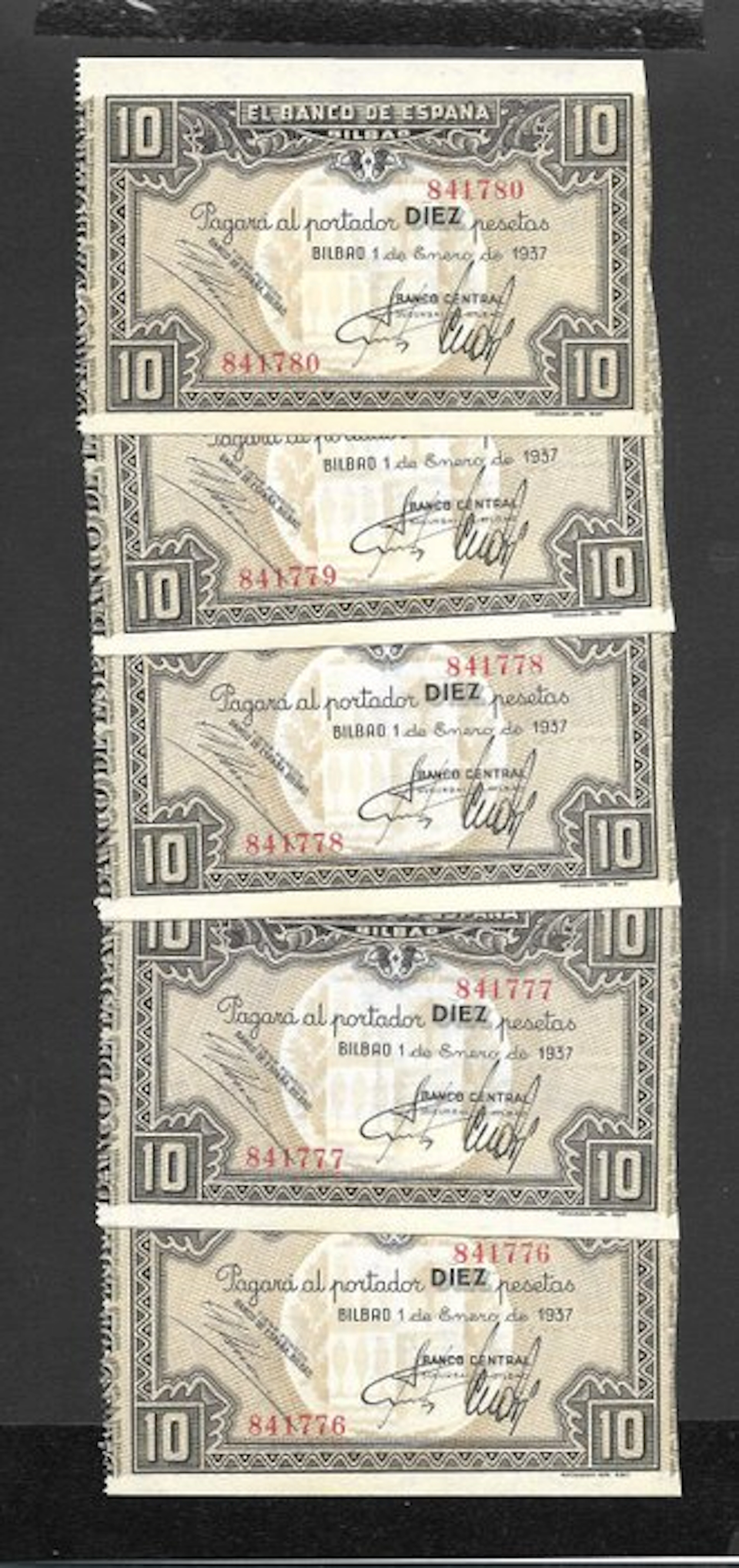 Spain. - 5 x 10 Pesetas - 1937- Consecutive (No reserve price)