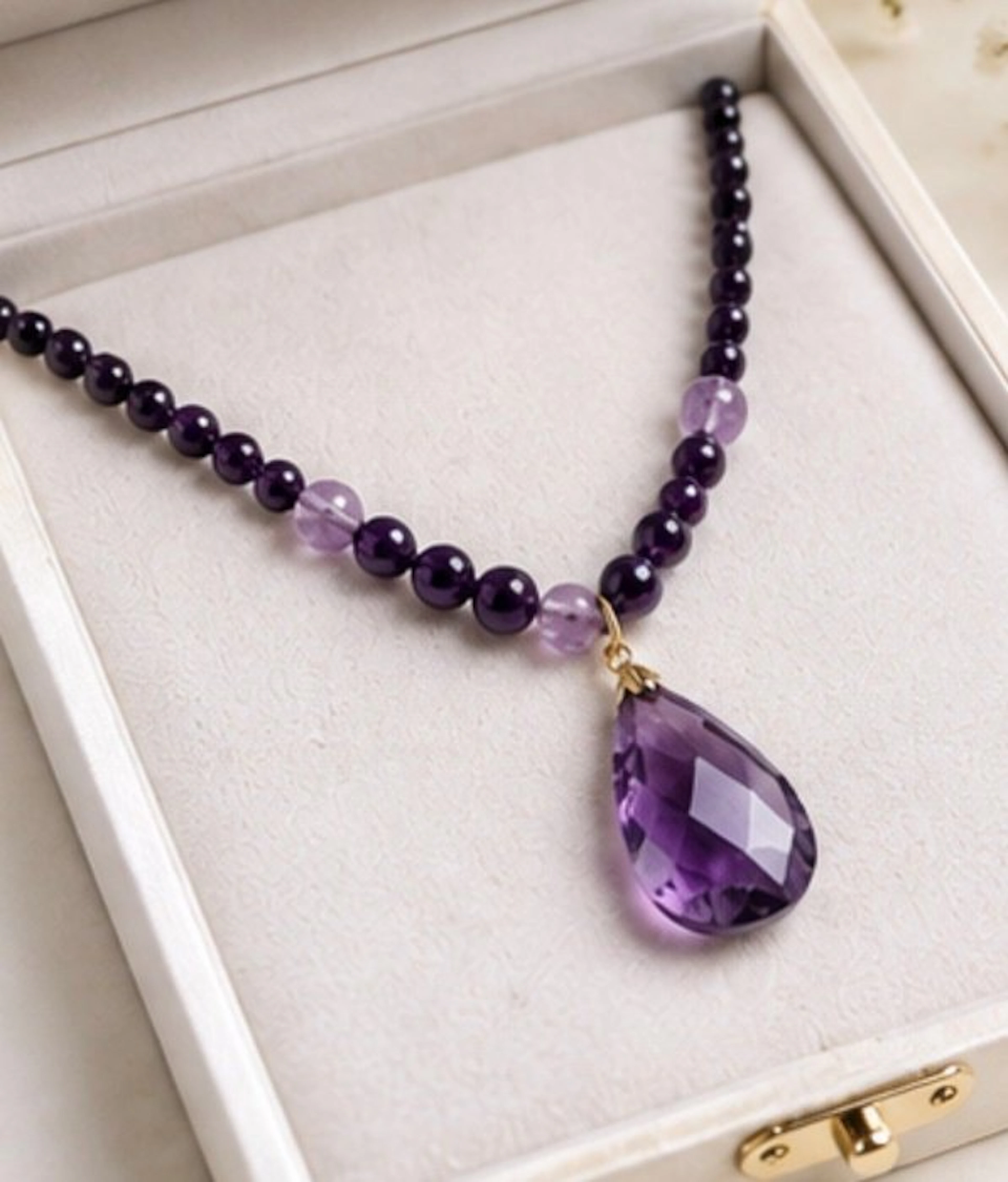 Elegant Amethyst Beaded Necklace with Tear Pendant - Necklace
