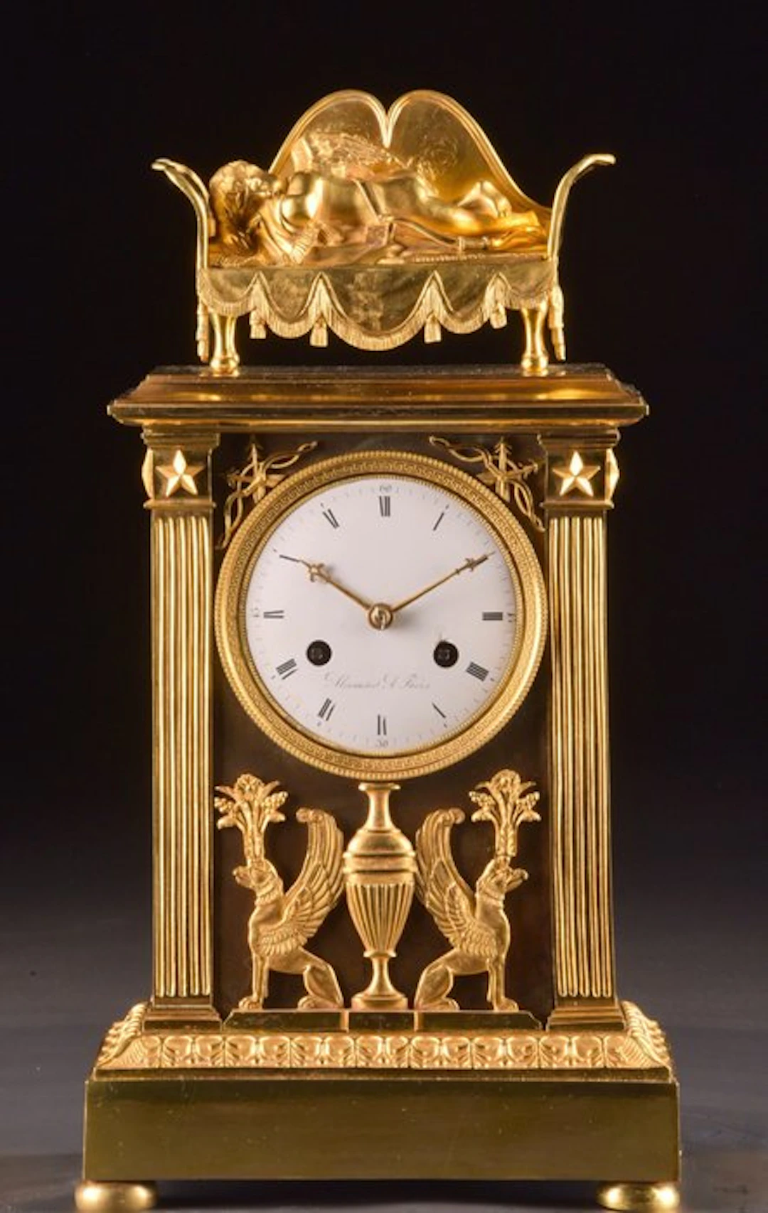 Figural mantel clock - Empire schouwklok van gepatineerd...