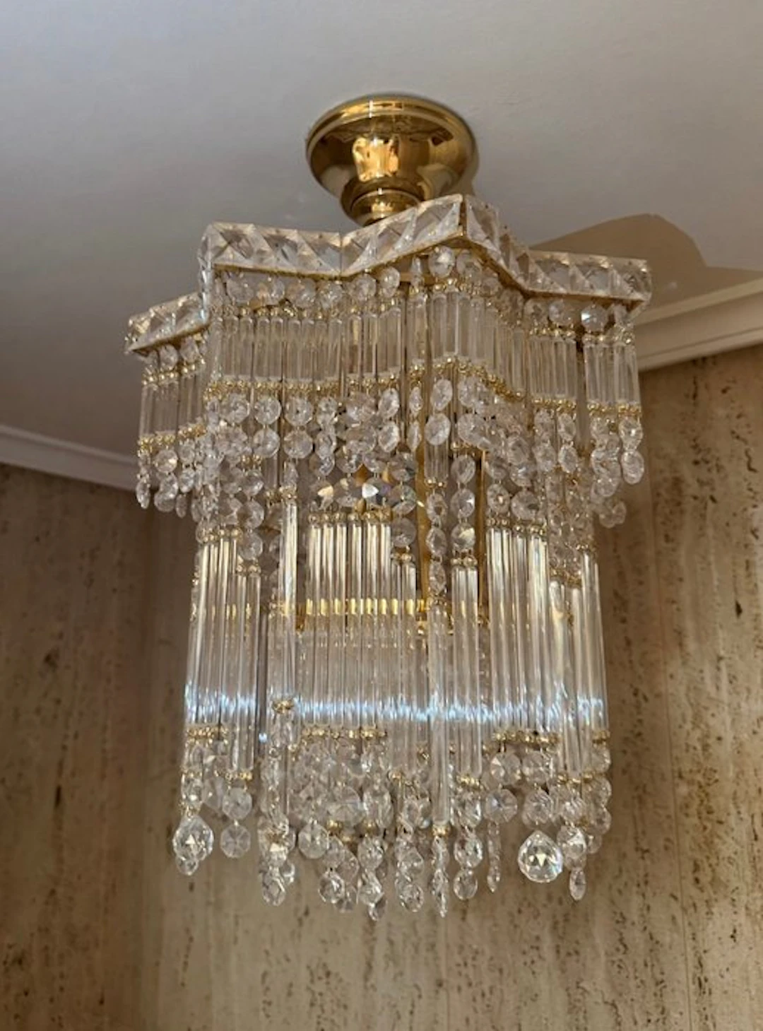 Chandelier - Vintage Hollywood Regency Brass & Hexagonal...