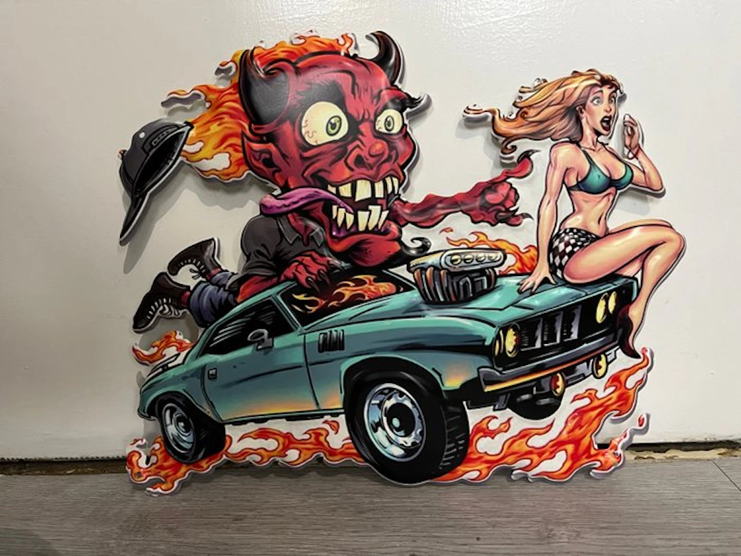 Devil in a hot rod with a pin-up. - Sign - Metal