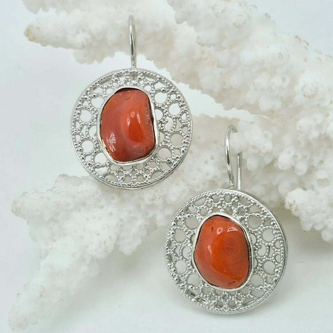 Coral - Silver - Earrings - CORALLO MEDITERRANEO