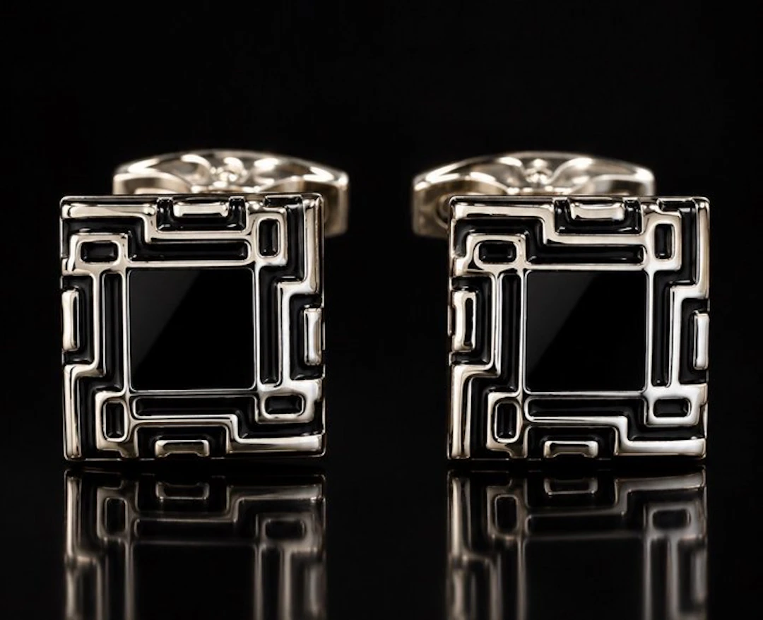 Genteel Black Obsidyan Pair of Cufflinks Jugendstil 925...