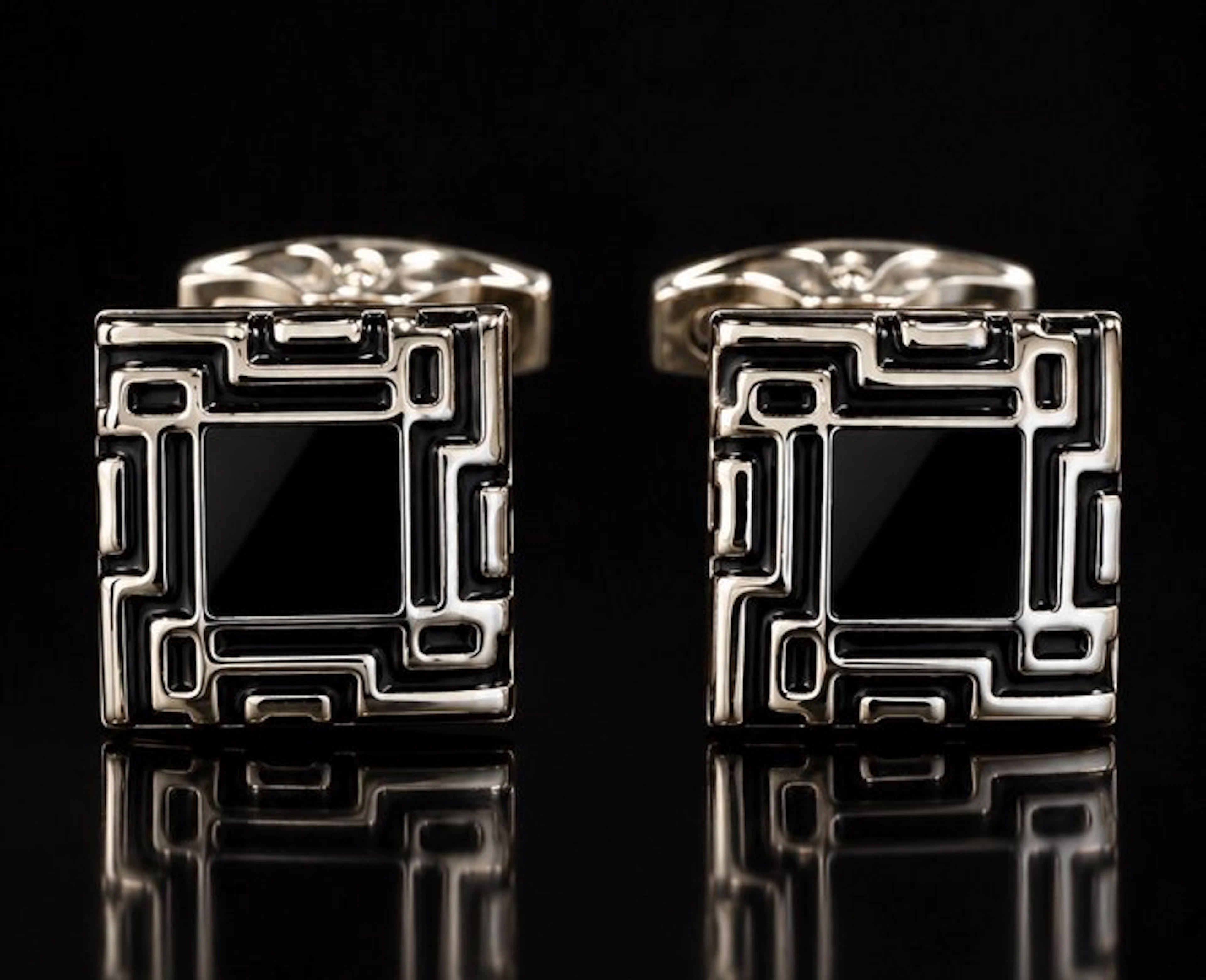 Genteel Black Obsidyan Pair of Cufflinks Jugendstil 925...