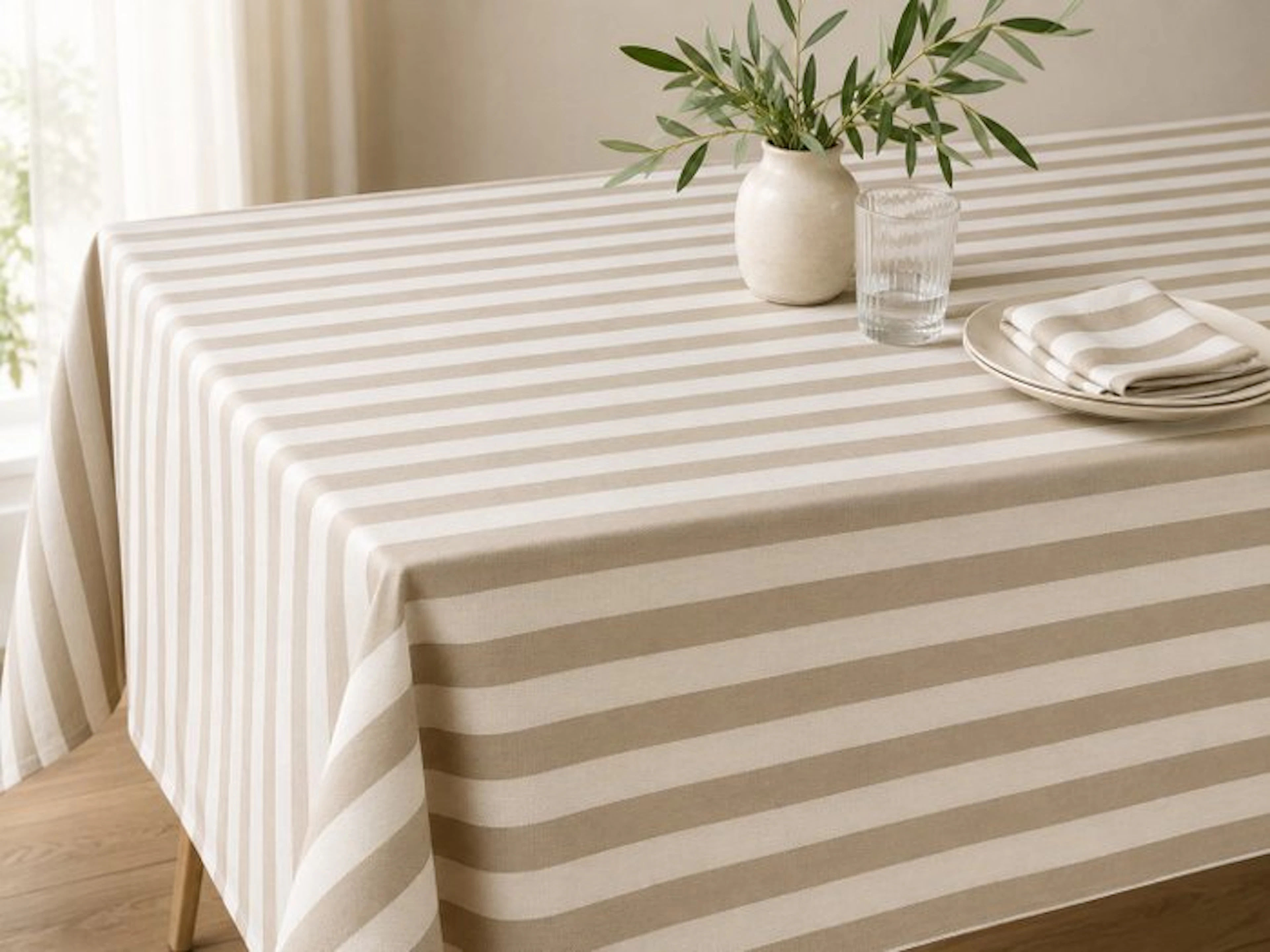 Elegant double-faced striped fabric in beige and ivory...