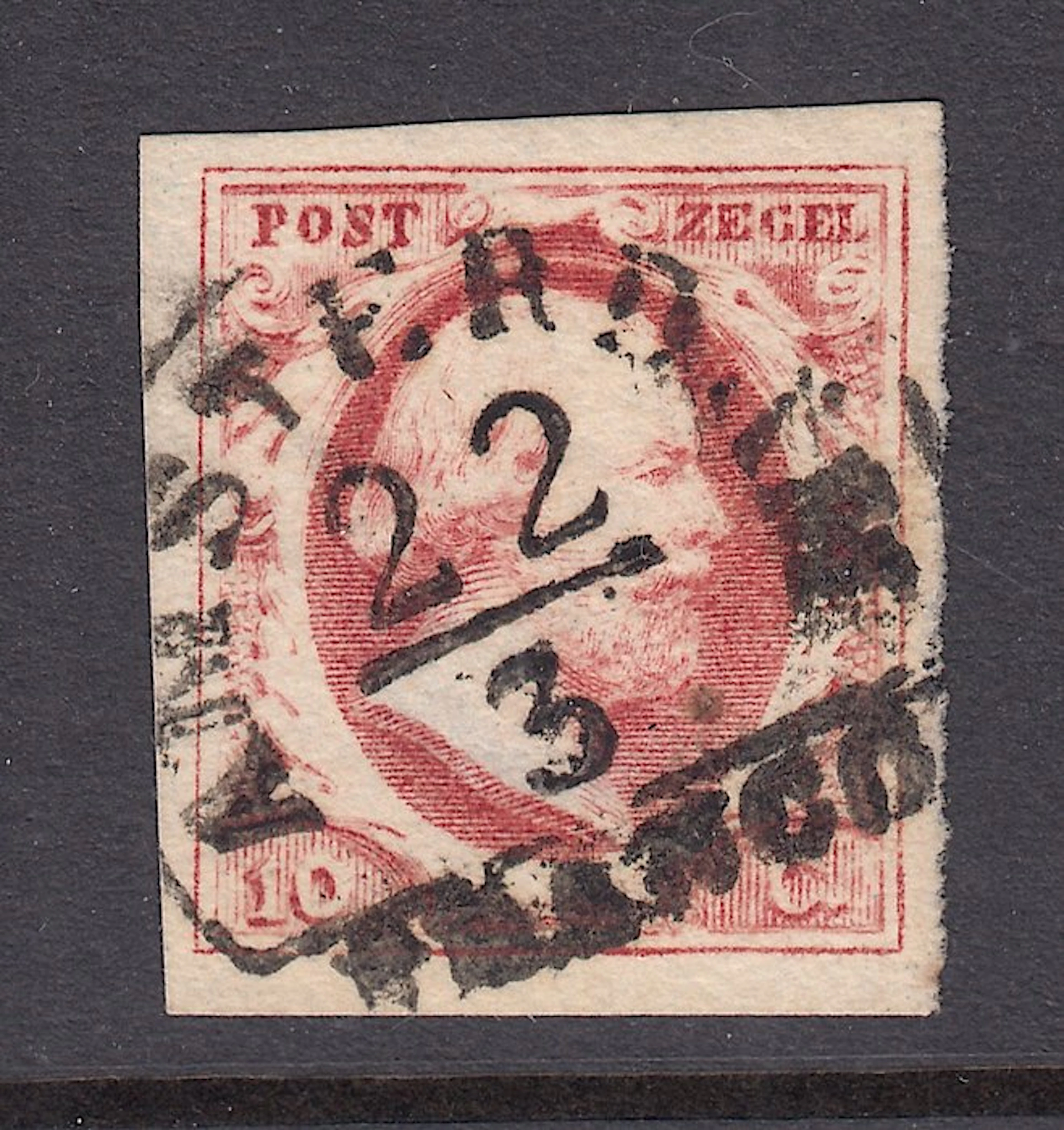 Netherlands 1852 - King William III, in deep dark crimson - NVPH 2a