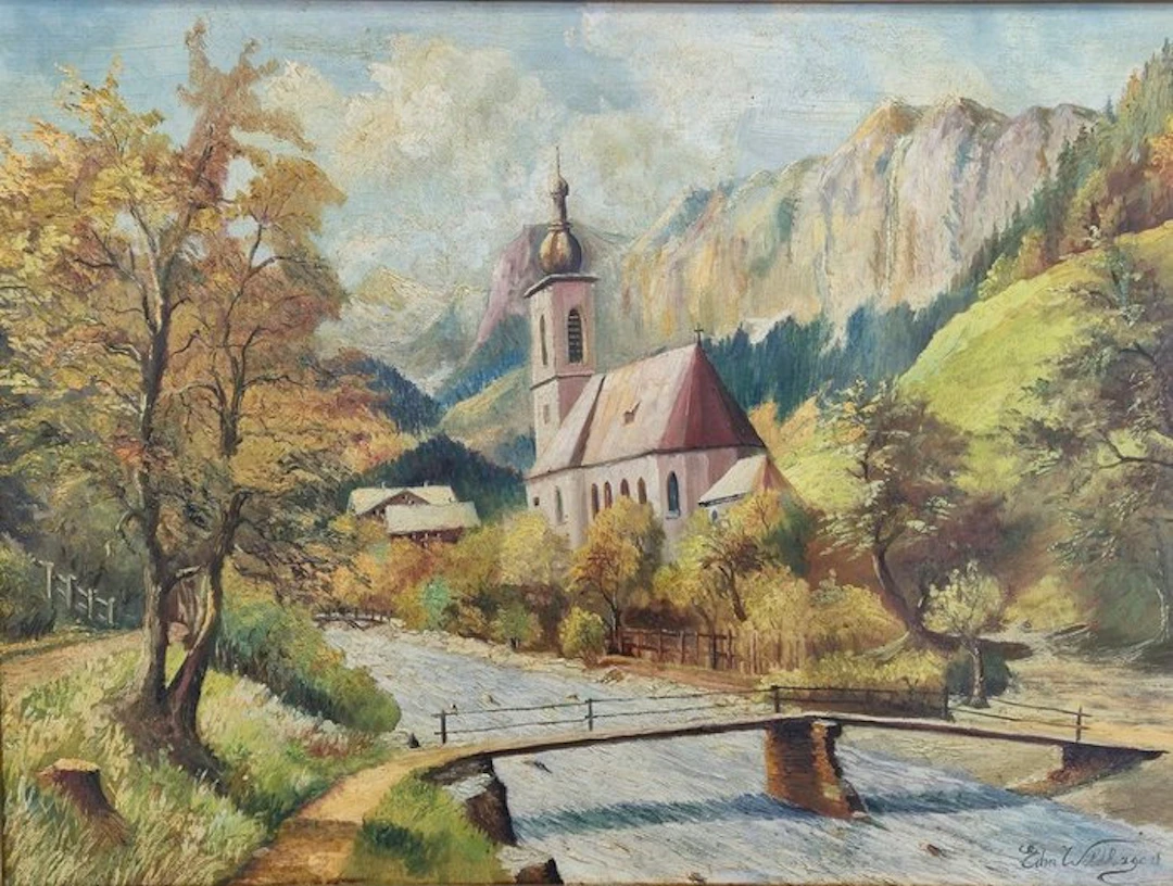 German school (XX), signed "Wildhagen" - Berglandschaft mit Kirche