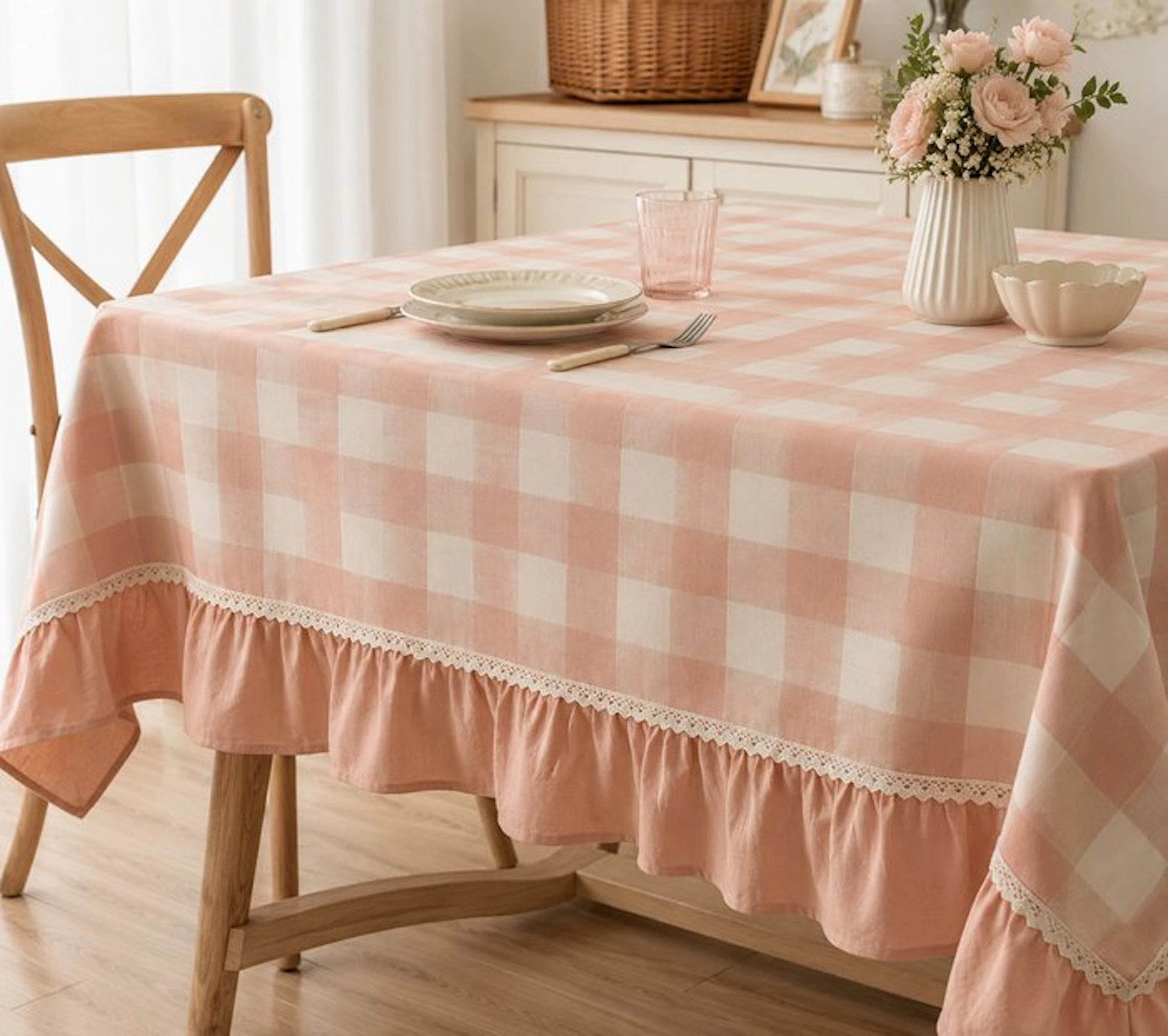 Elegant pink-and-white tablecloth with ruffles in full shabby chic style
