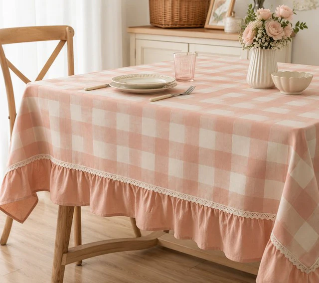 Elegant pink-and-white tablecloth with ruffles in full shabby chic style