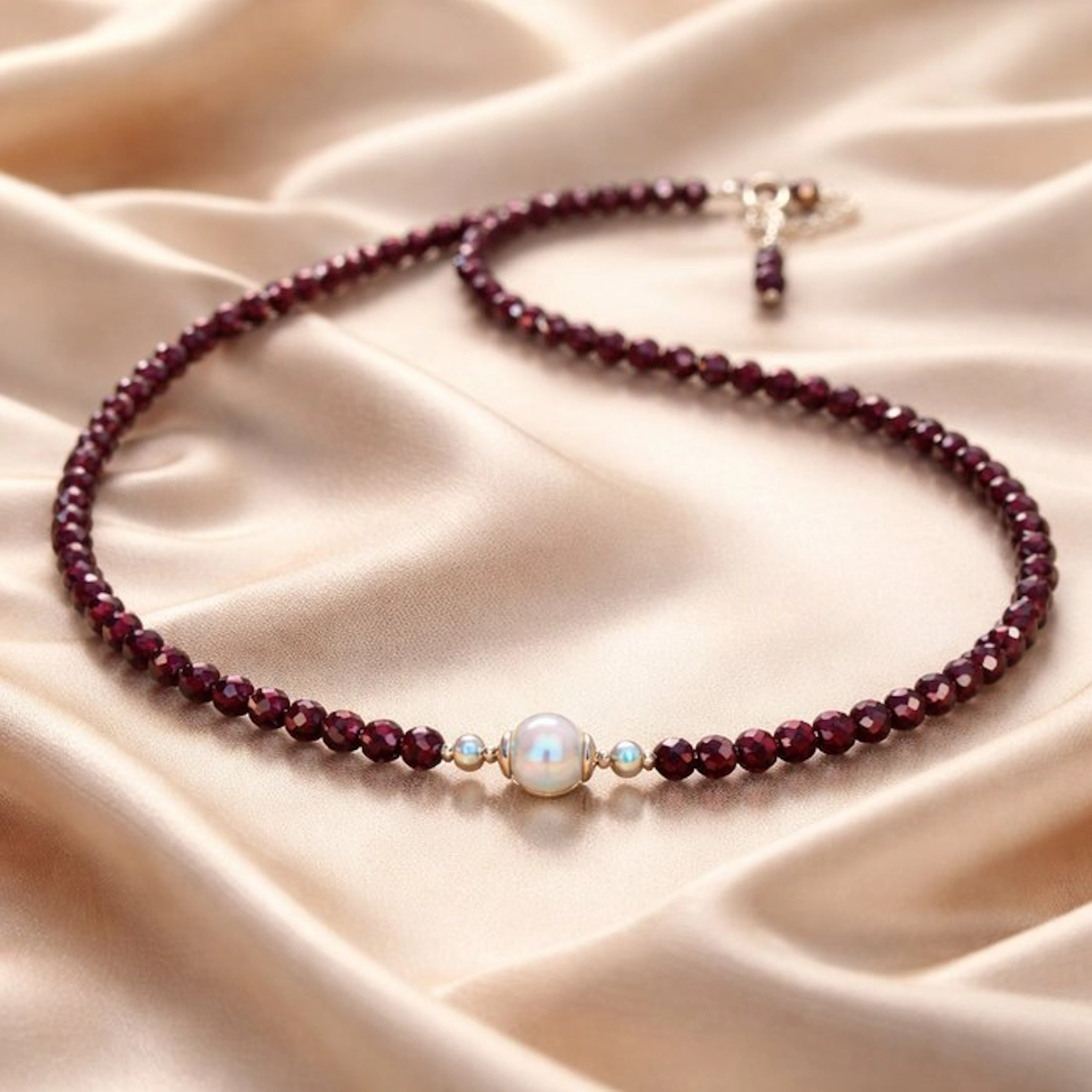Pearl - Silver - Necklace - Akoya pearls, garnet