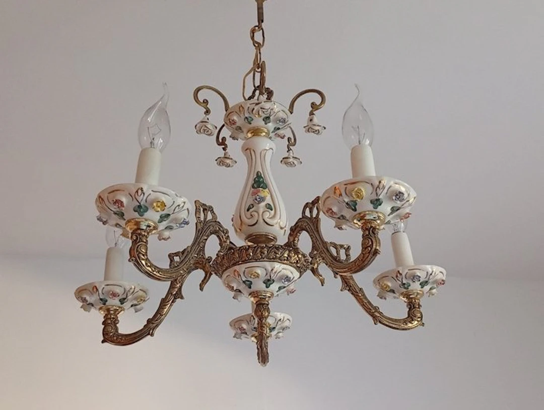 Lamp - Porcelain and brass - Porcelain floral spider
